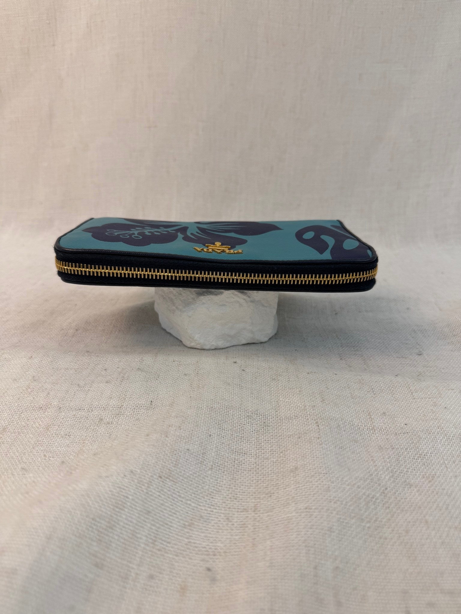 Prada Blue Saffiano Leather Floral Print Zippy Wallet