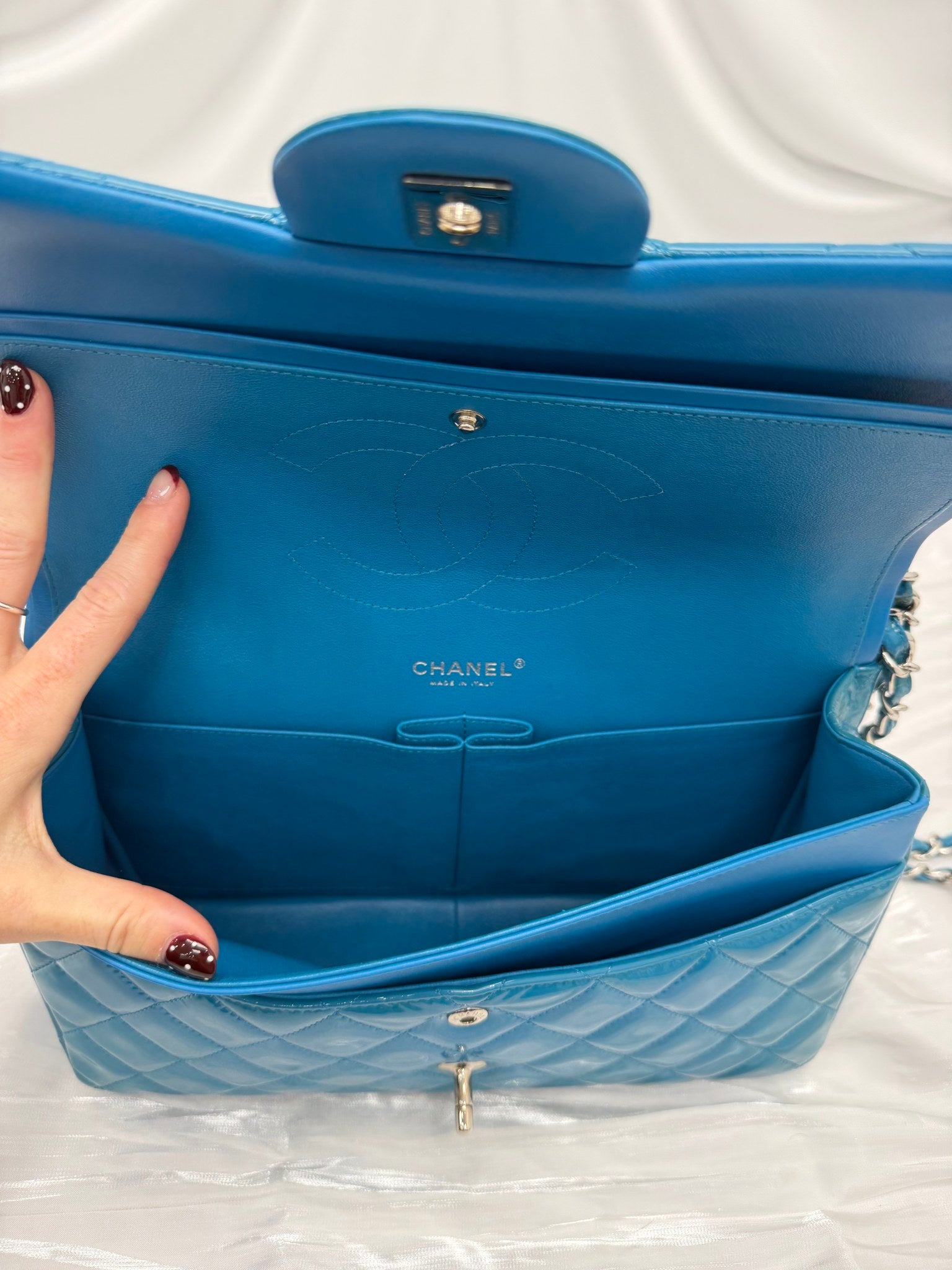 LIKE NEW- Chanel Turquoise Patent Leather Jumbo Double Flap Bag