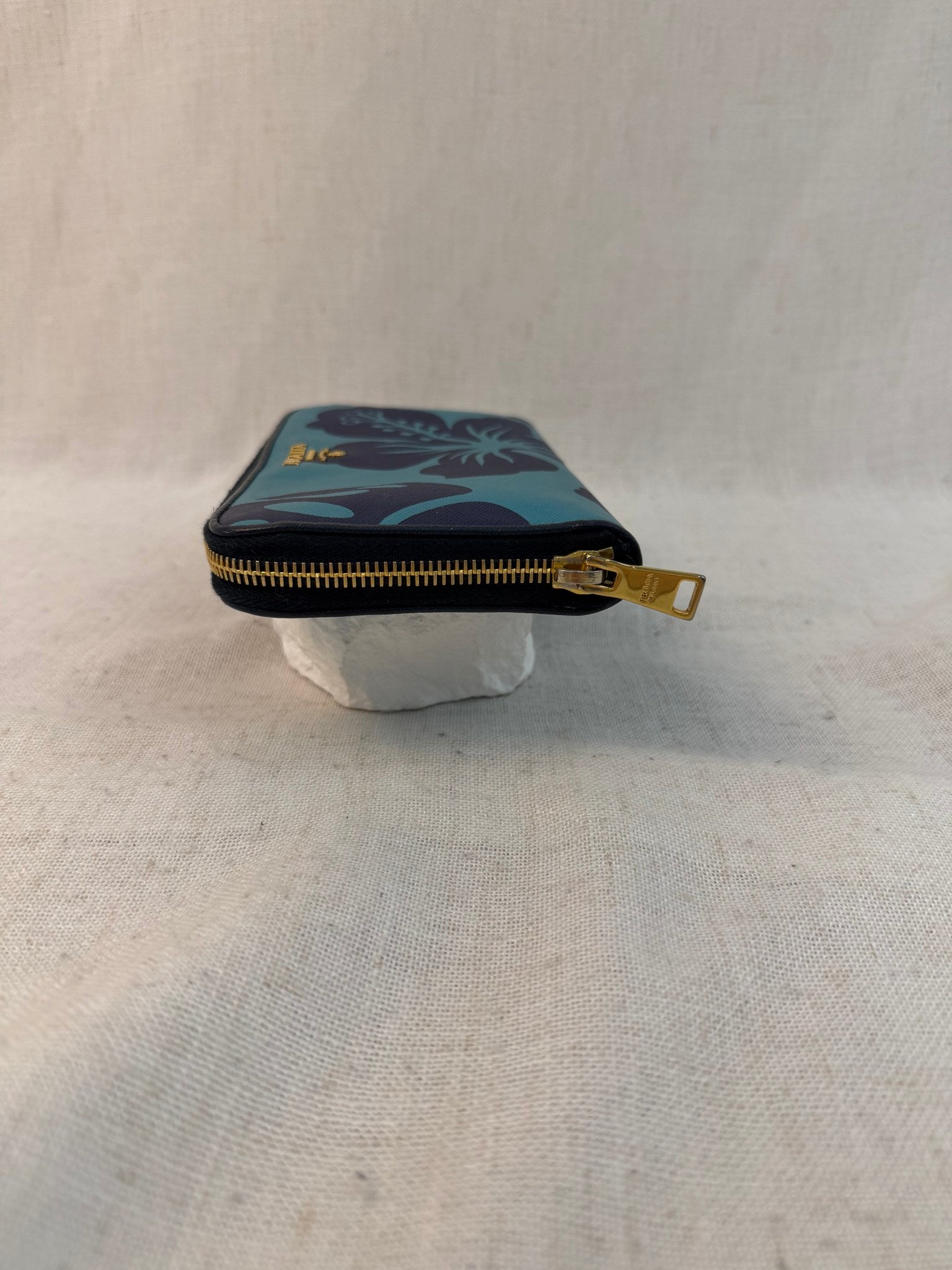 Prada Blue Saffiano Leather Floral Print Zippy Wallet