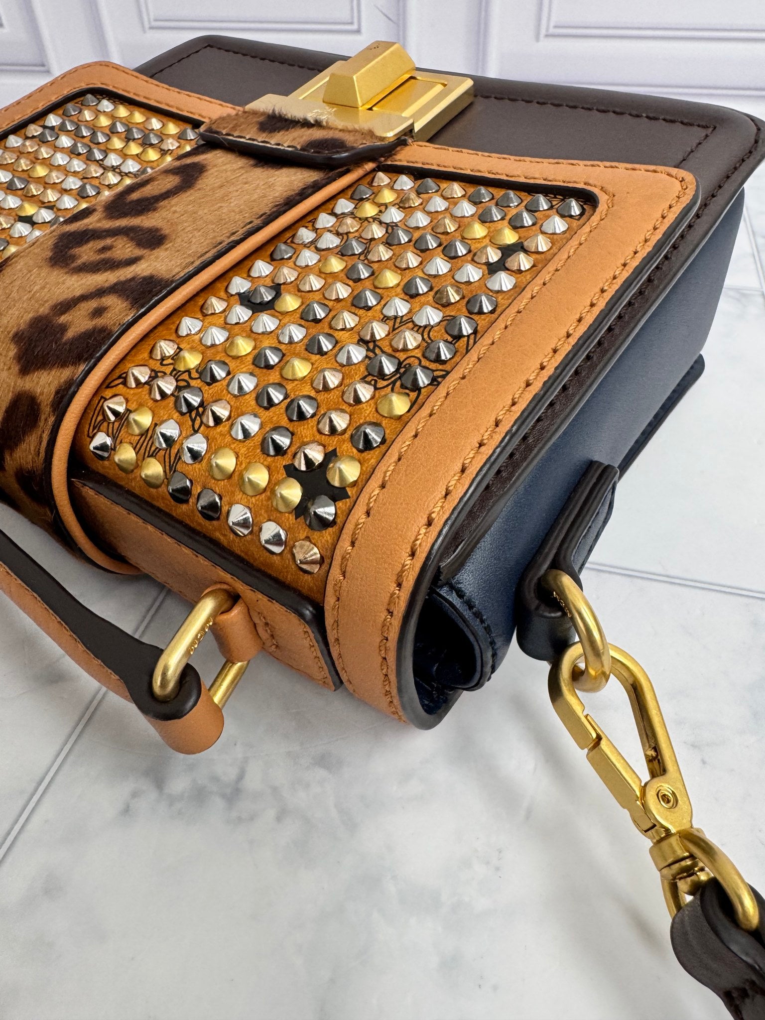 MCM Brown Leather Leopard Studded Veronika 2Way Bag