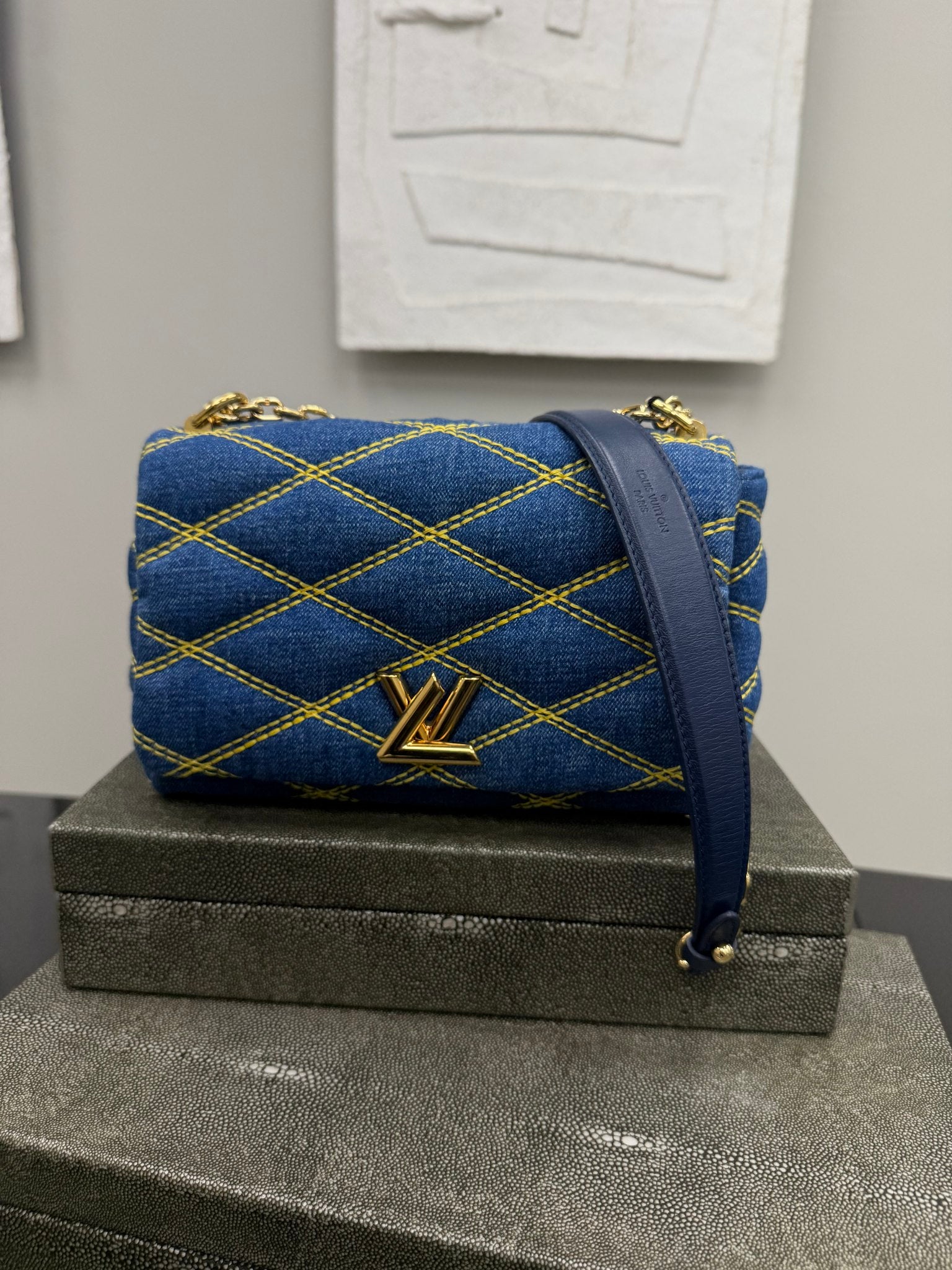 Louis Vuitton Blue Denim Yellow Stitching GO-14 PM Malletage Chain Shoulder Bag