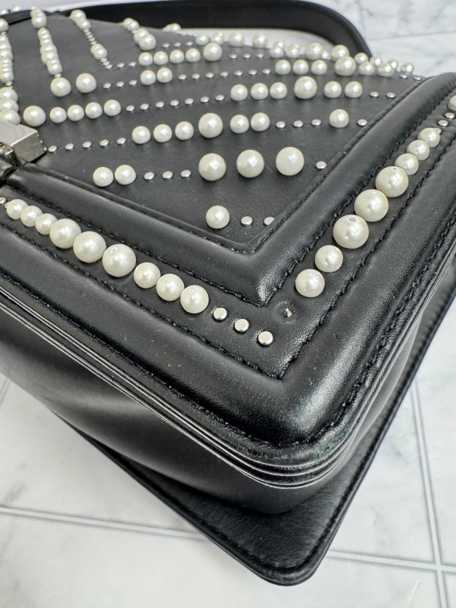 Chanel Black Chevron Pearls Medium Boy Flap Bag