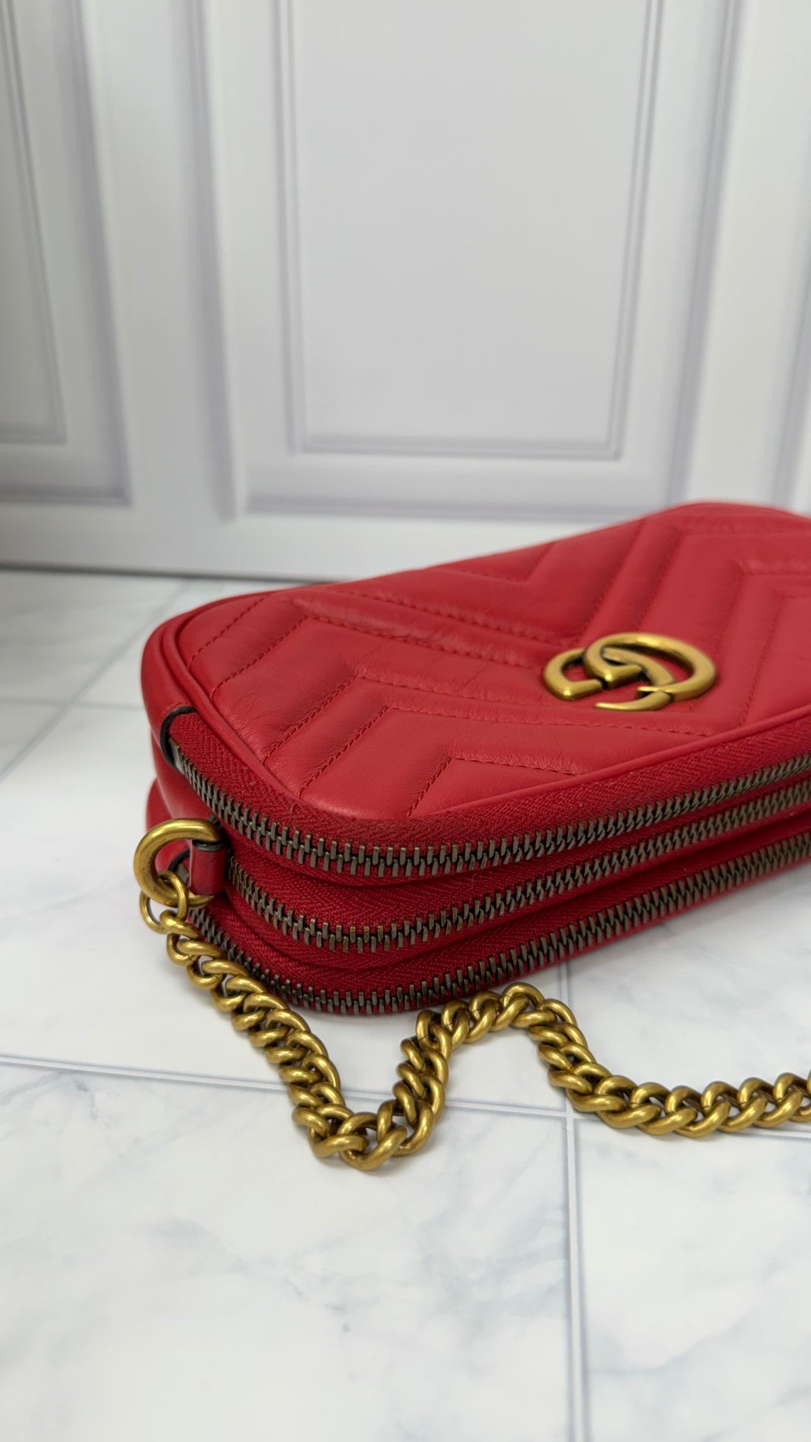 Gucci Red Leather GG Marmont Mini Camera Bag