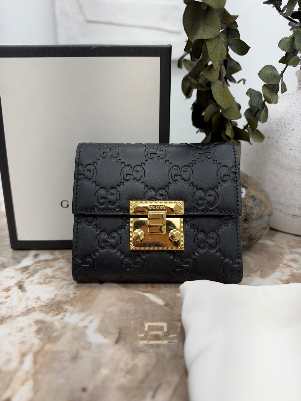 LIKE NEW - Gucci Black GG Embossed Leather Padlock Compact Wallet