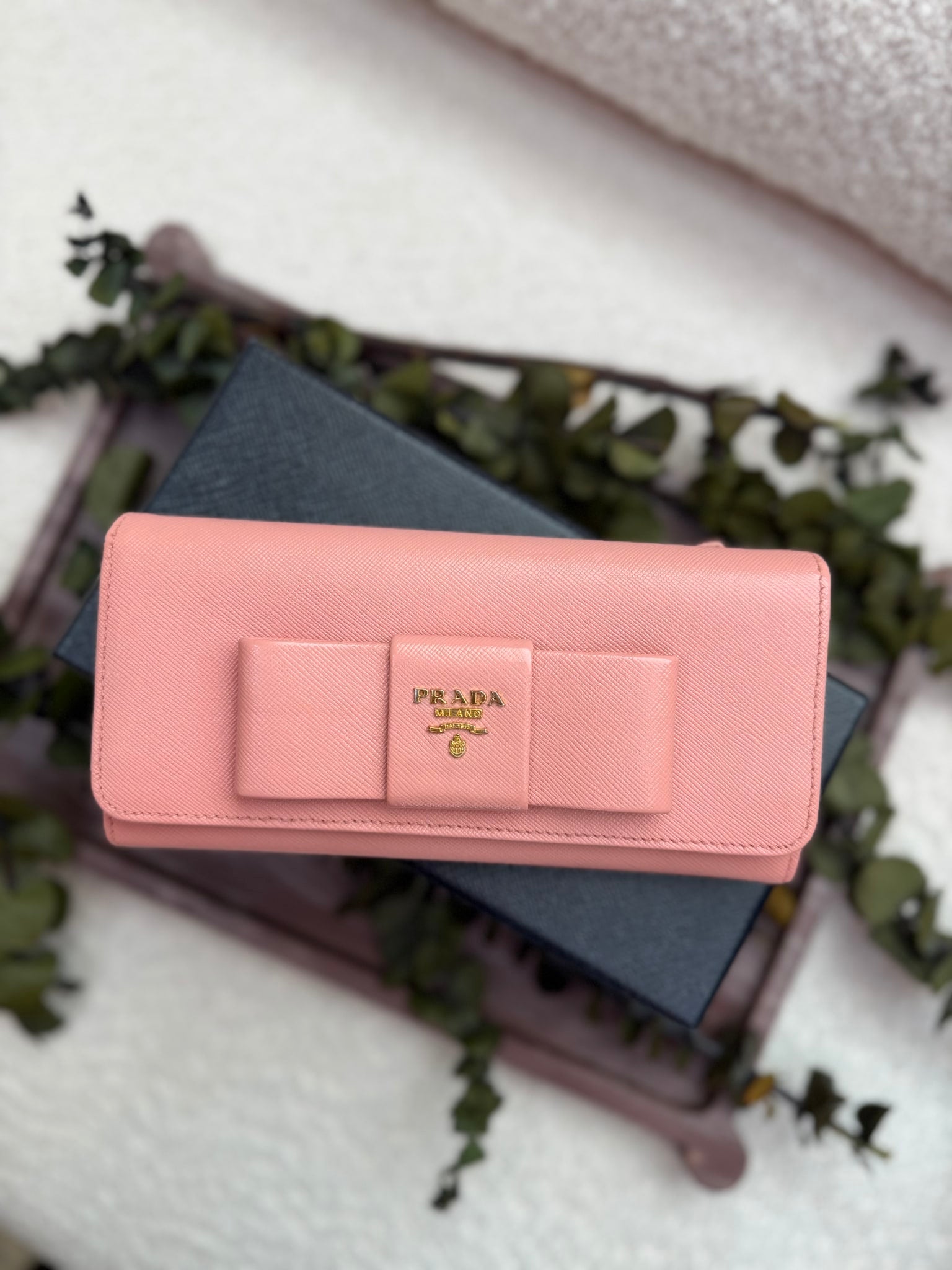 Prada Pink Saffiano Leather Bow Long Wallet
