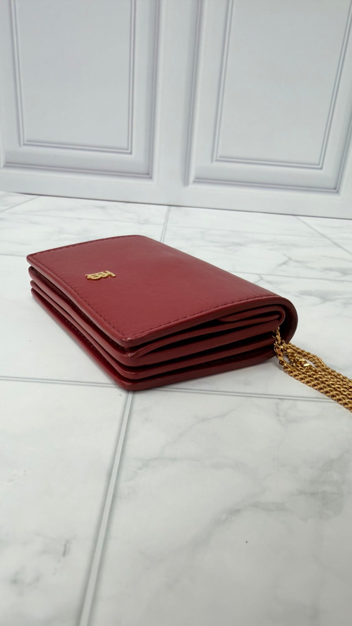 Burberry Red Leather Compact Wallet on a Chain