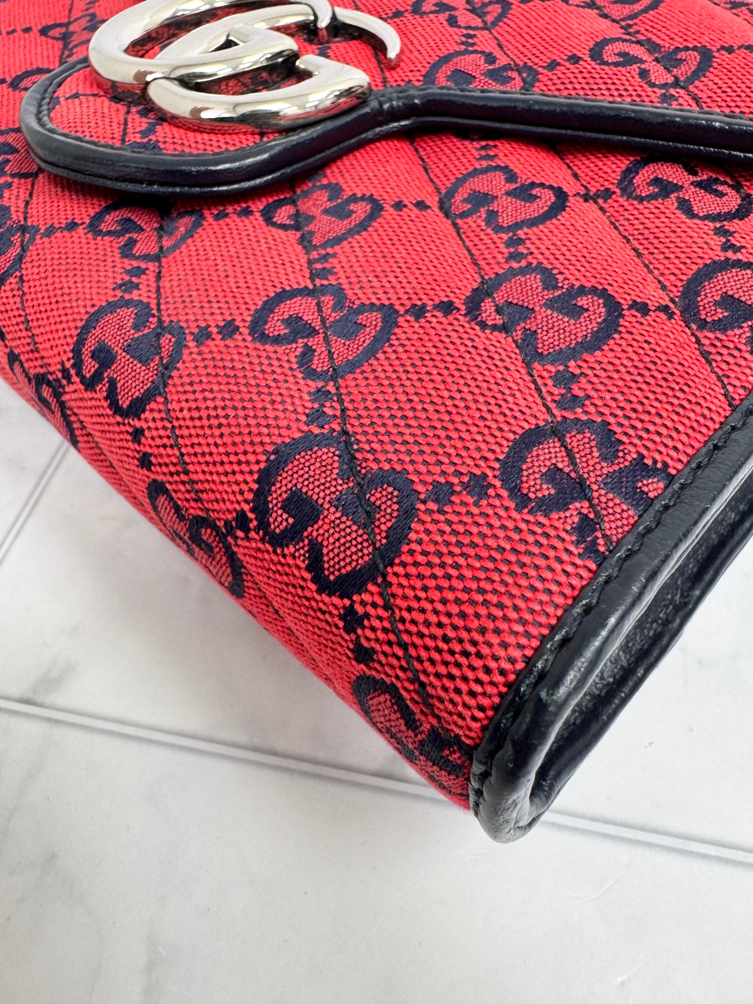 Gucci Red Marmont Quilted Canvas Wallet On A Chain