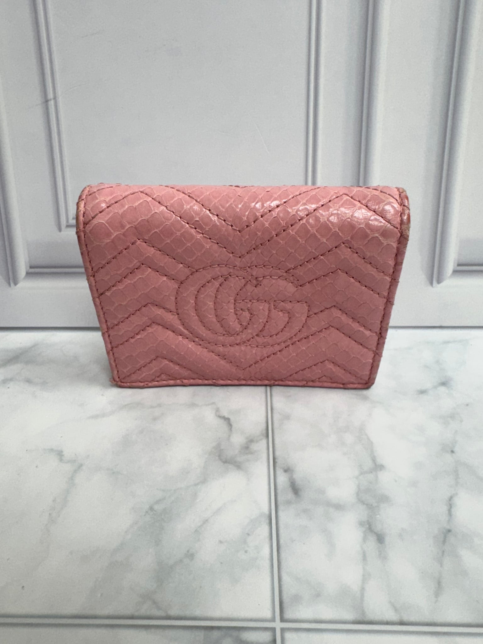 Gucci Pink Chevron Quilted Python GG Marmont Compact Wallet