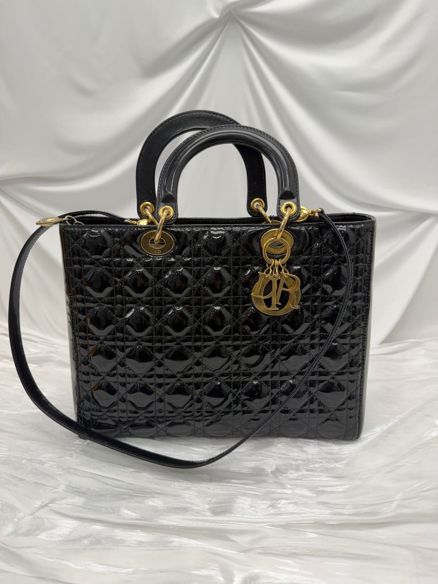 Christian Dior Vintage Black Patent Leather Cannage Large Lady Dior Handbag