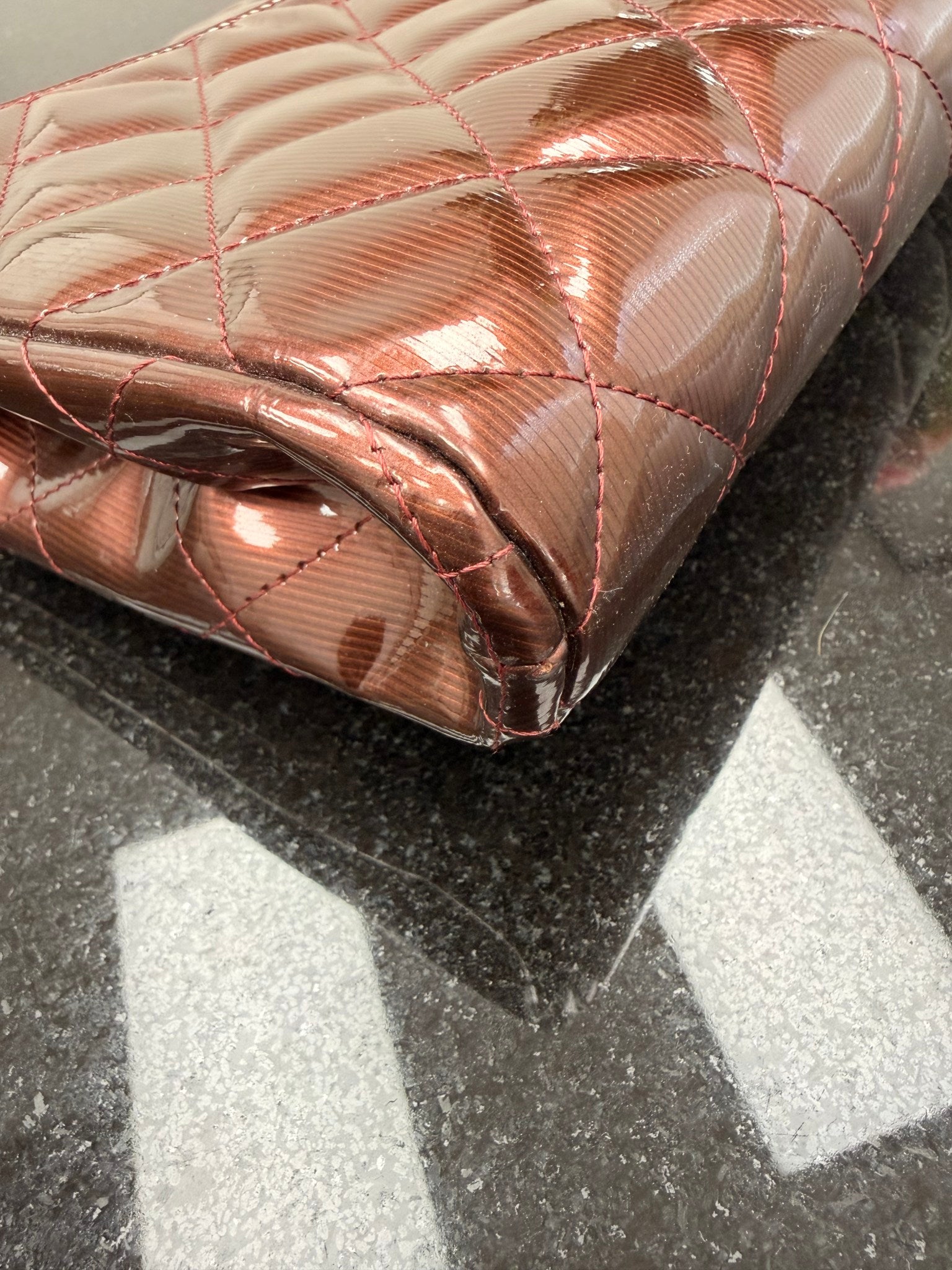 Chanel Burgundy Patent Leather Matelasse Clutch on a Chain