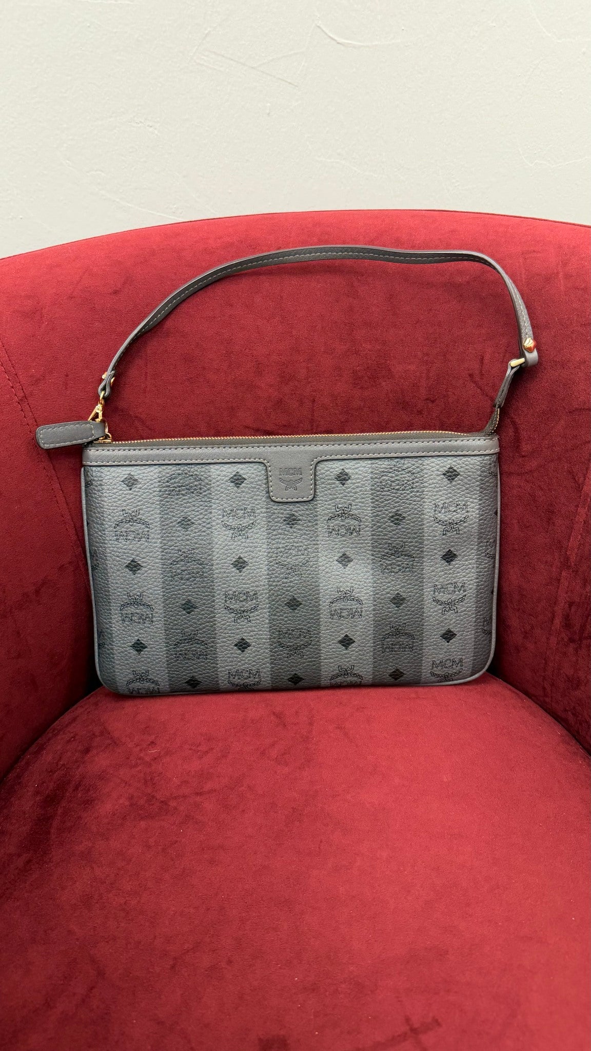 MCM Gray Visetos Striped Leather Large Liz Pouch