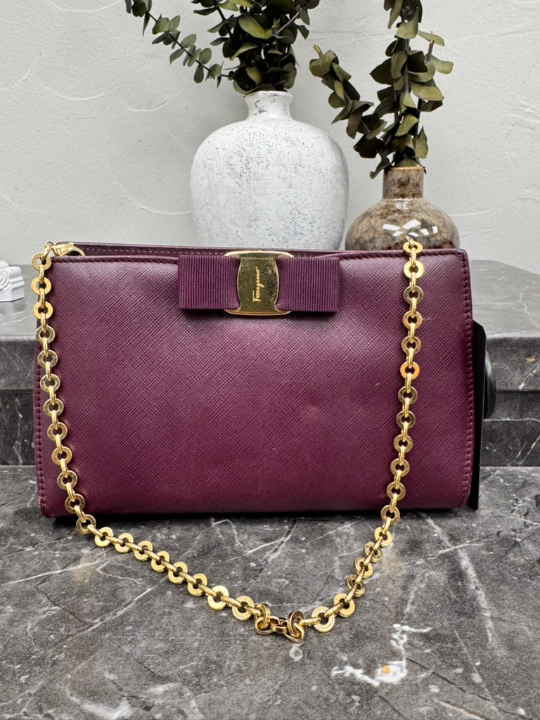 Salvatore Ferragamo Dark Purple Saffiano Leather Vara Bow Mini Chain Shoulder Bag