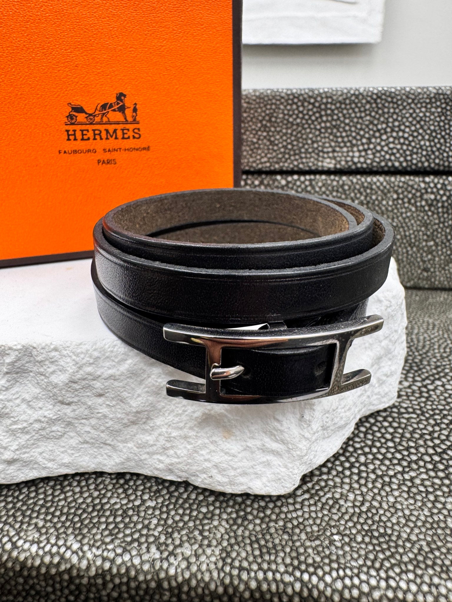 Hermes Silver Tone And Black Leather Hapi 3 Triple Tour Bracelet