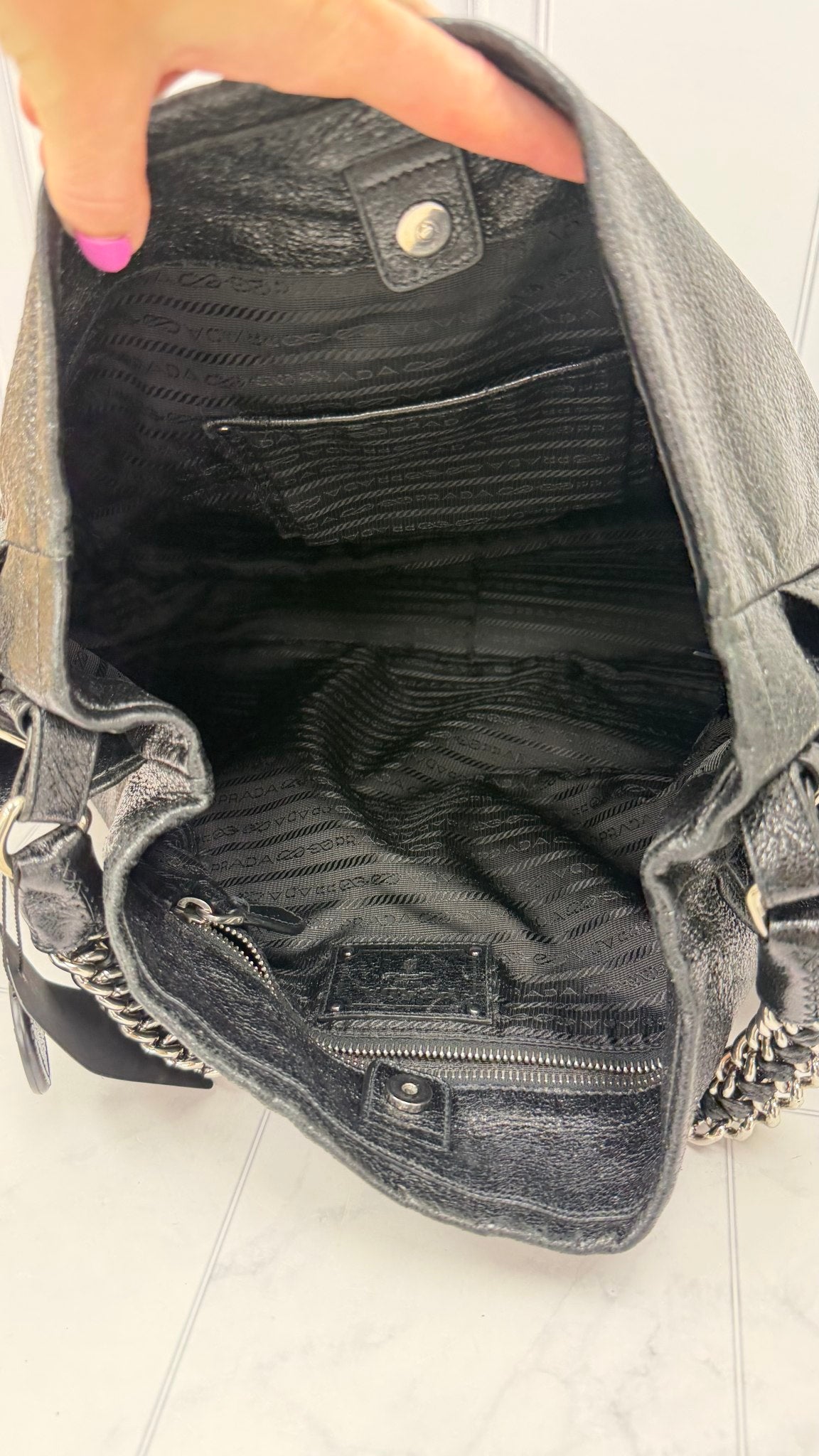 Prada Black Glazed Crinkle Leather Hobo Chain Shoulder Bag