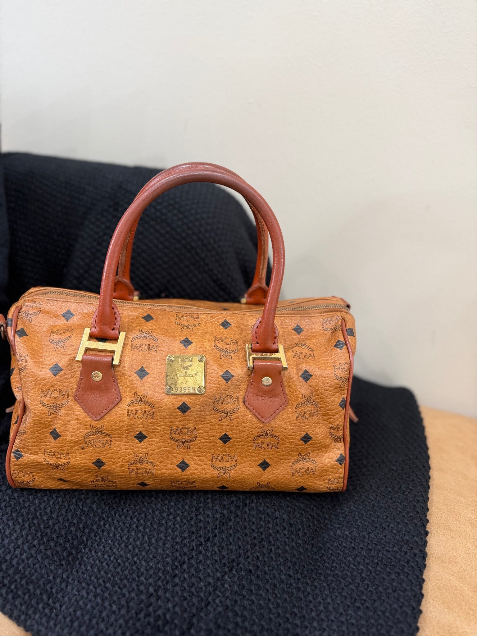 MCM Cognac Visetos Coated Canvas Boston Bag