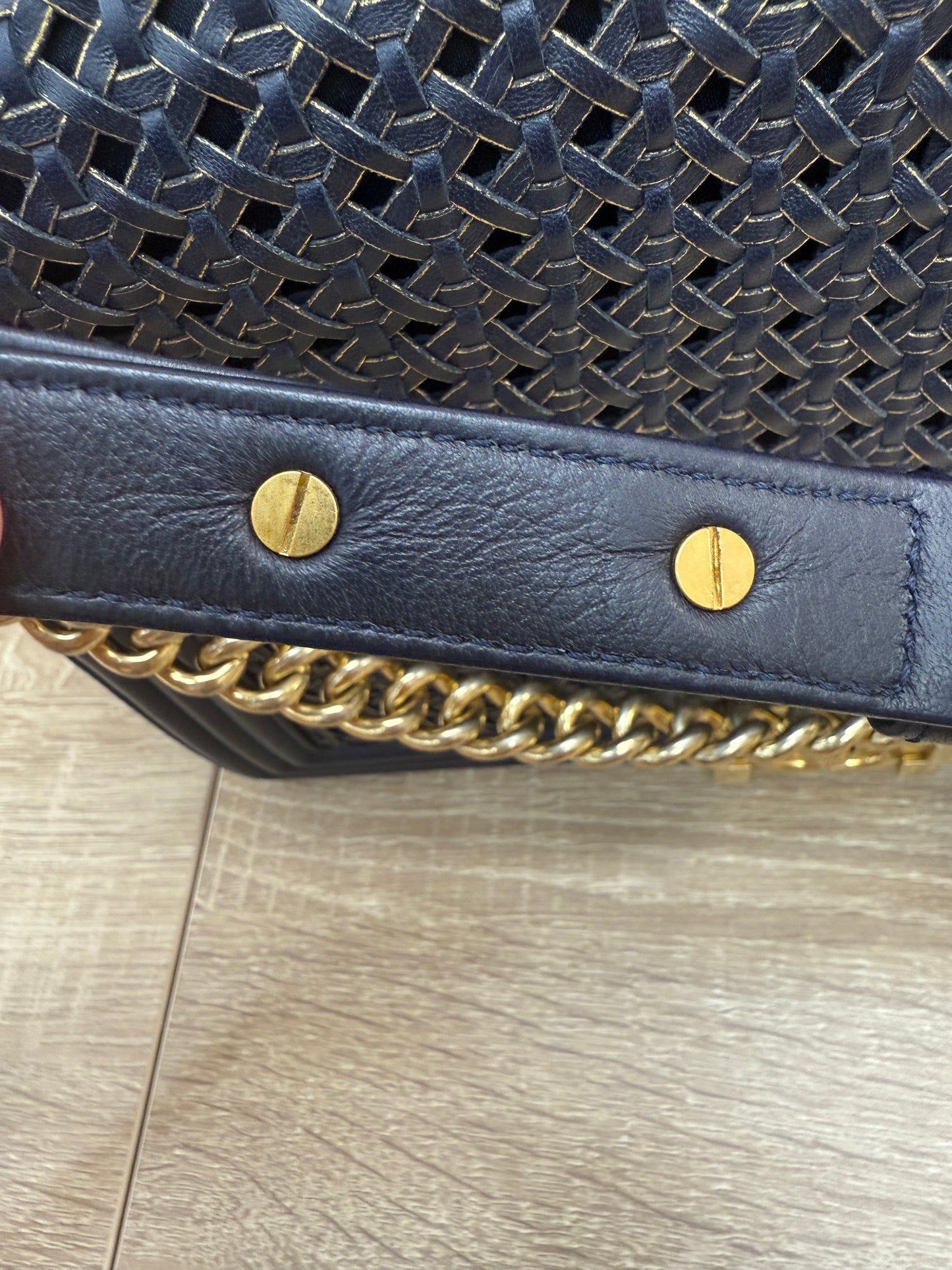 Chanel Navy Lambskin Braided Woven Boy Flap