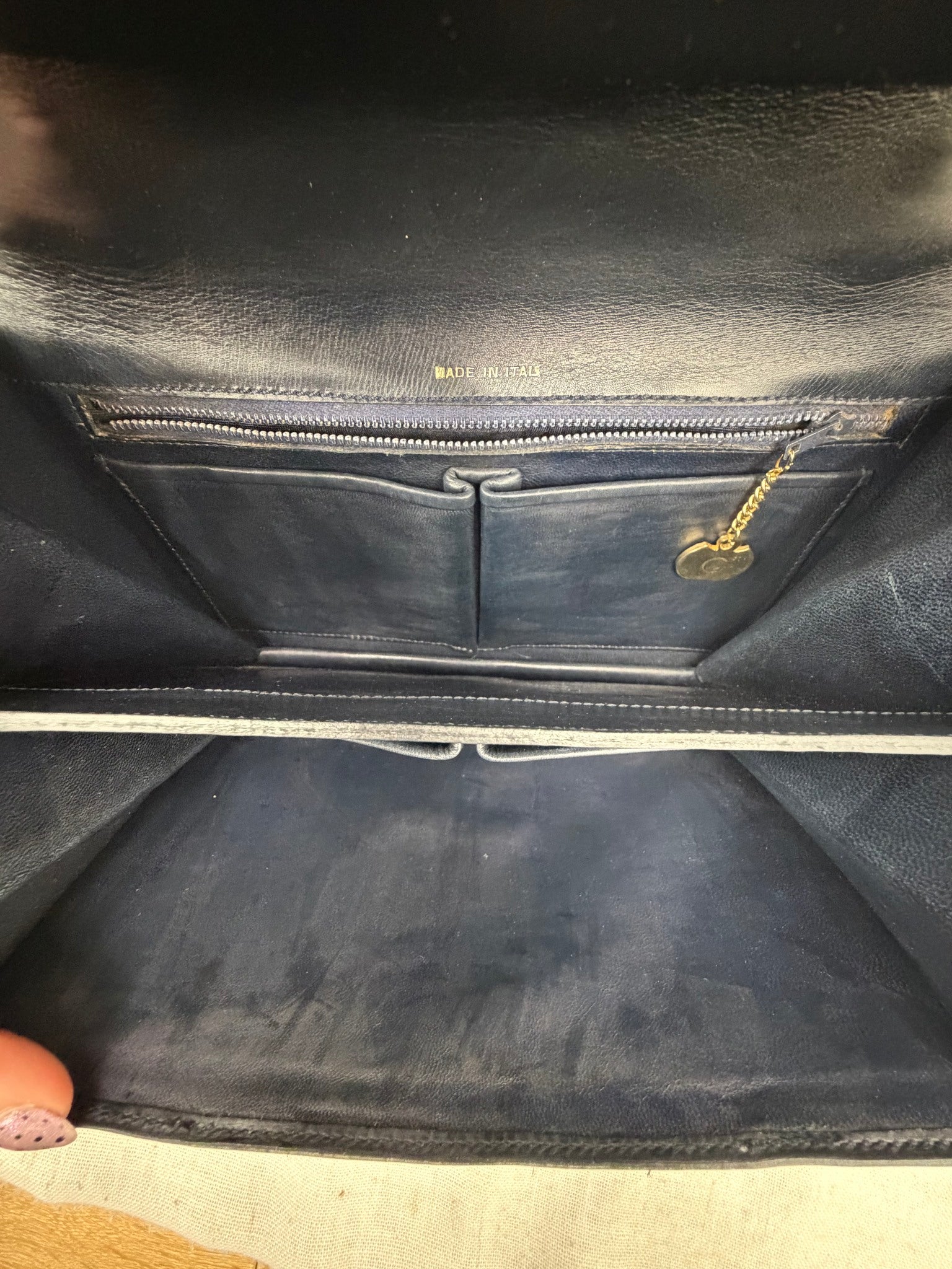 Celine Vintage Dark Navy Leather Turn Lock Top Handle