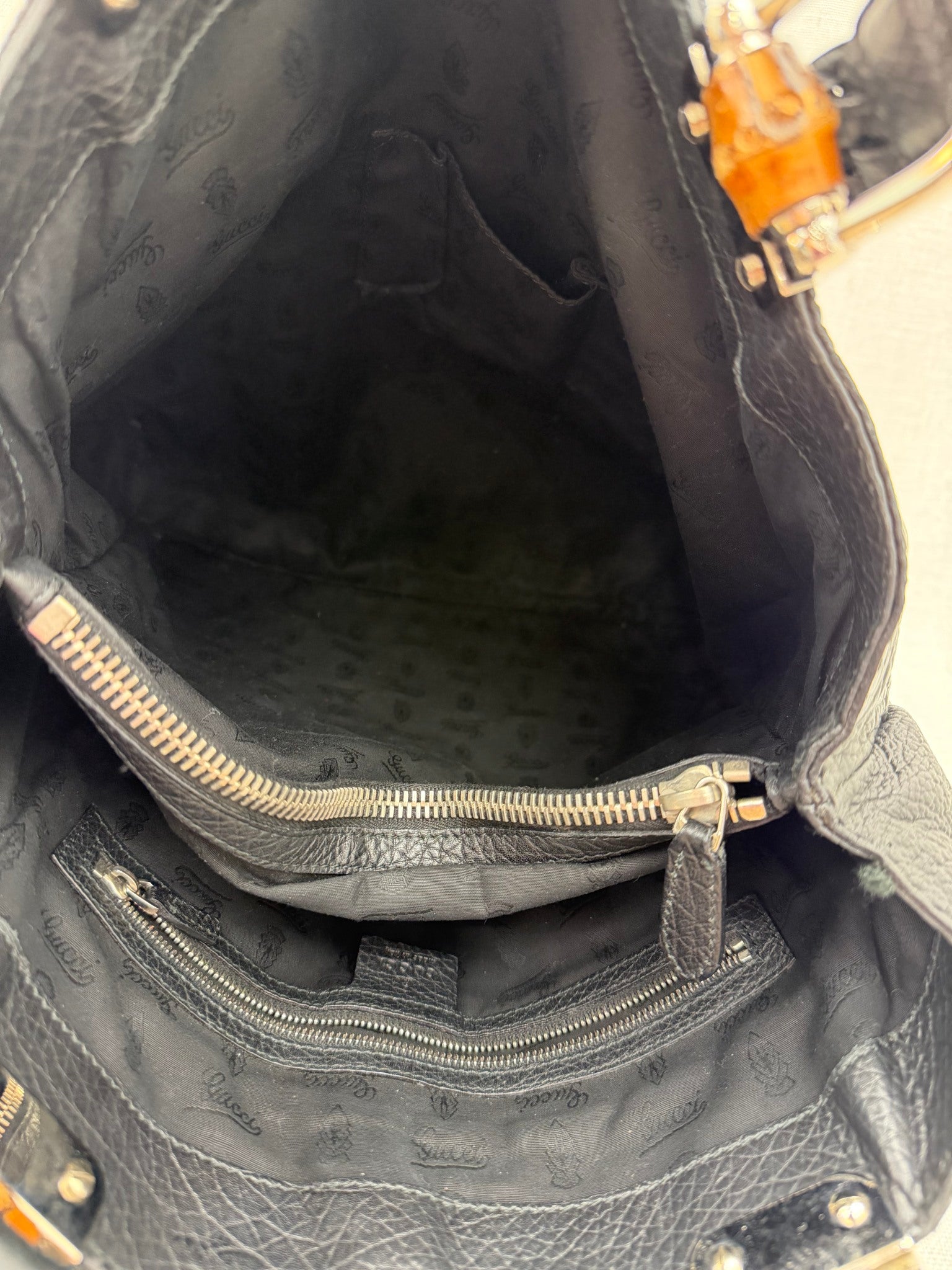 Gucci Black Leather Braided Bamboo Shoulder bag