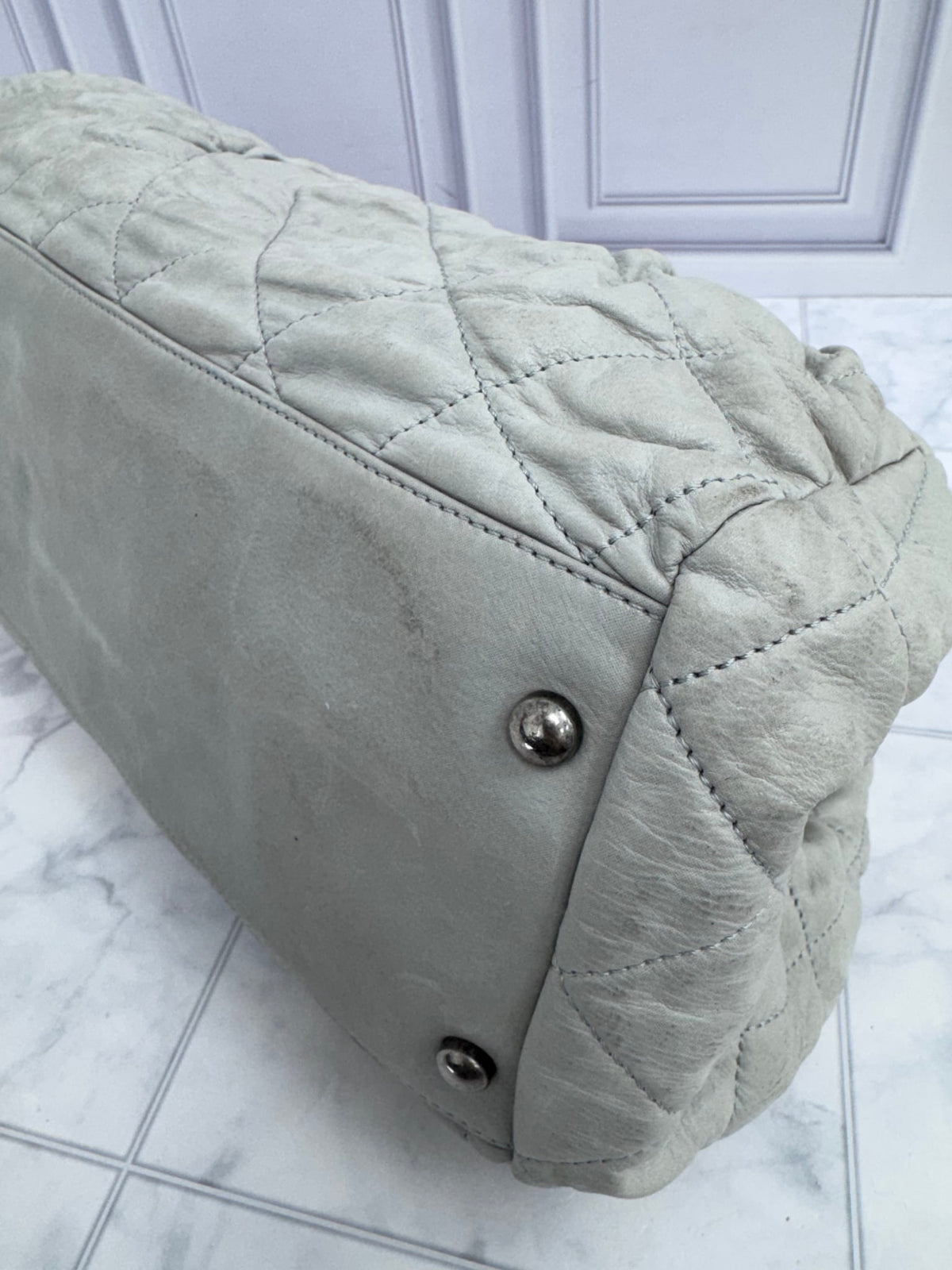 Chanel Gey Quilted Iridescent Calfskin Leather Chic Quilt Large Bowling Bag