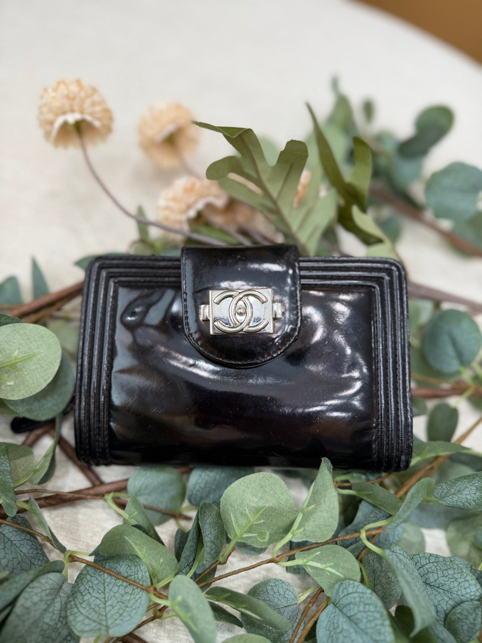 Chanel Black Patent Leather Boy Compact Wallet