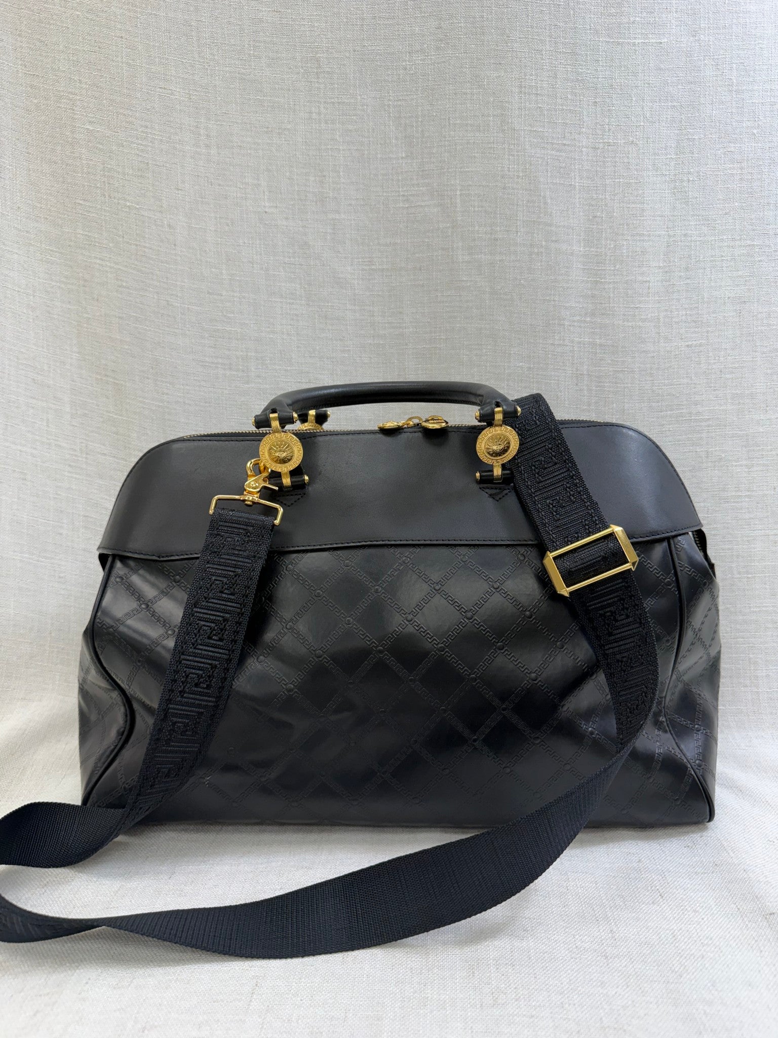 Versace Black Leather Sunburst Boston Bag