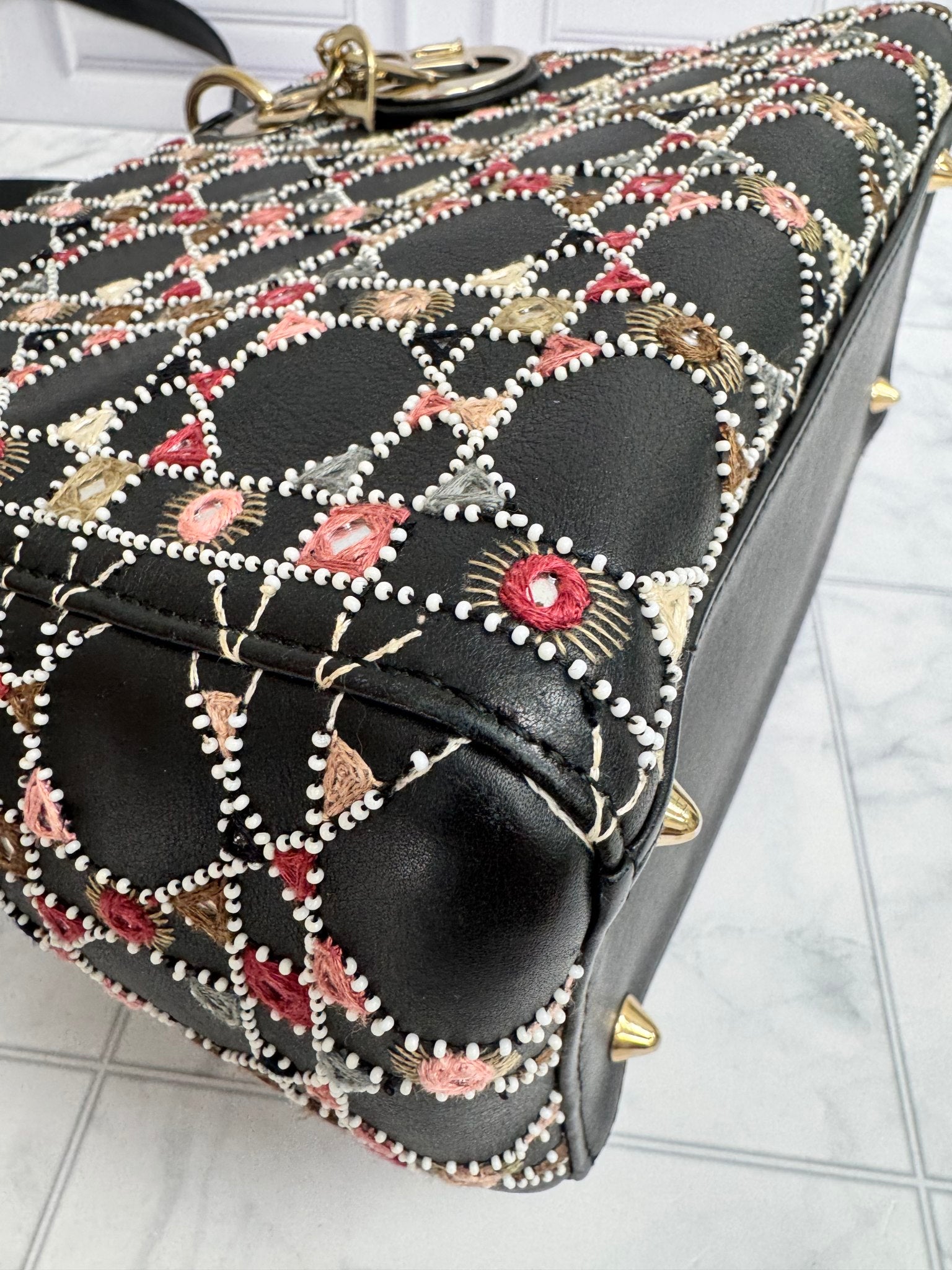 Christian Dior Black Multicolor Embroidered Lady Dior Medium 2Way Bag