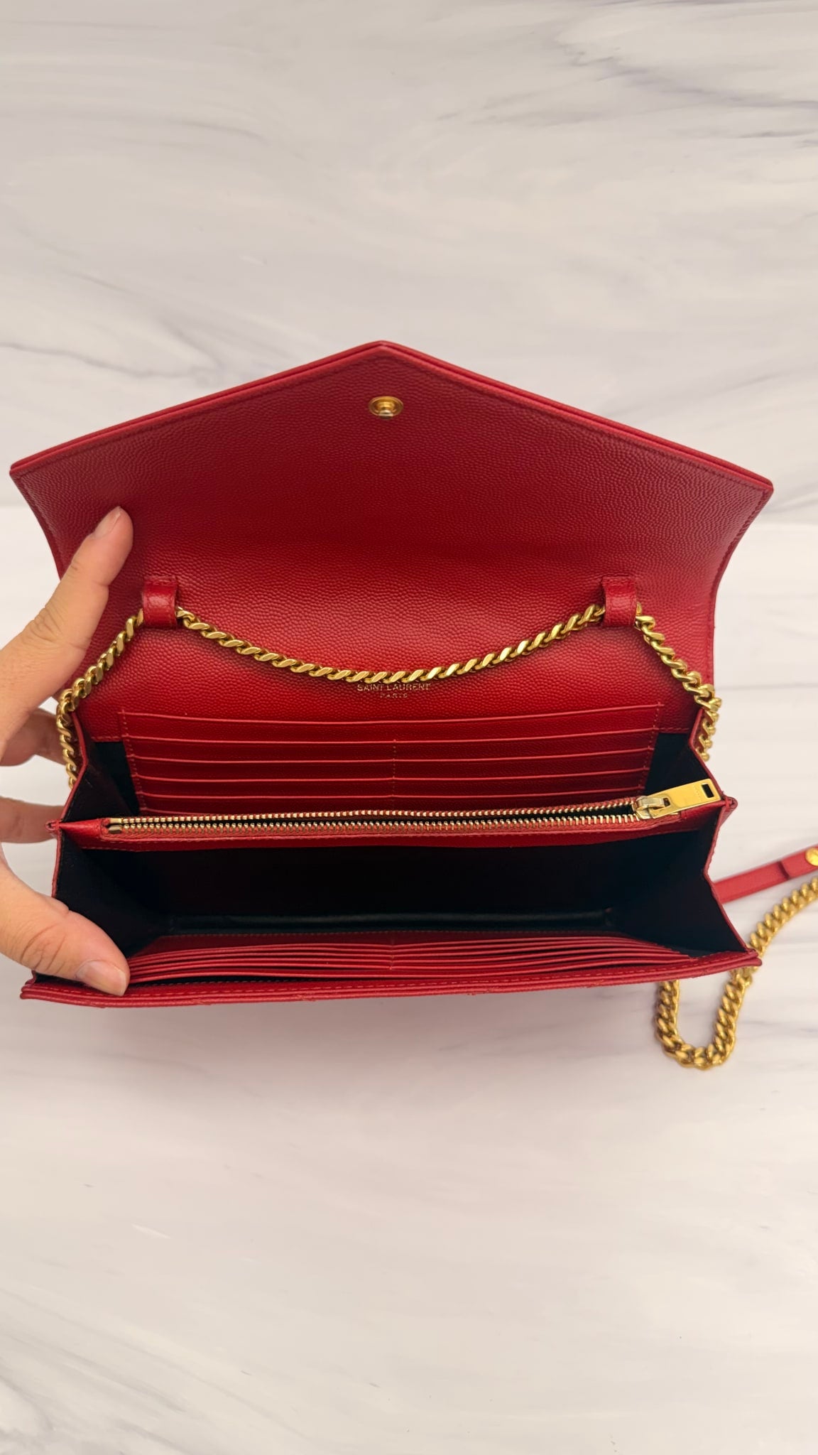 Saint Laurent YSL Red Grained Leather Wallet on A Chain