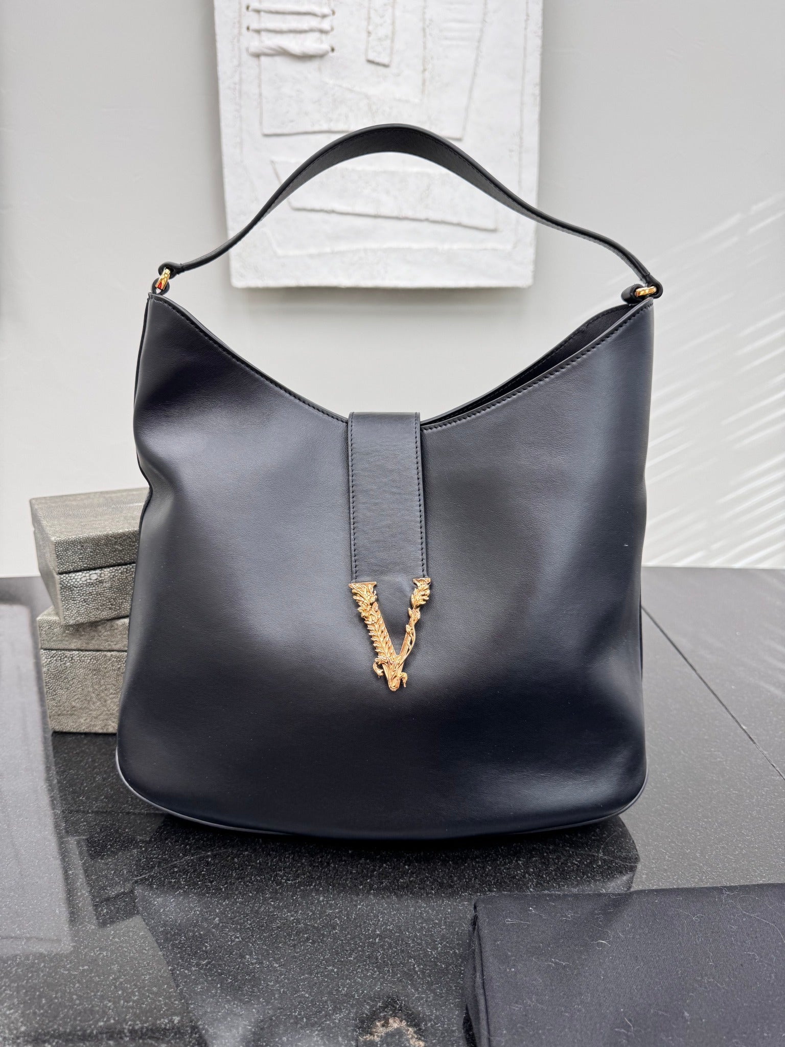 Versace Black Leather Hobo Bag