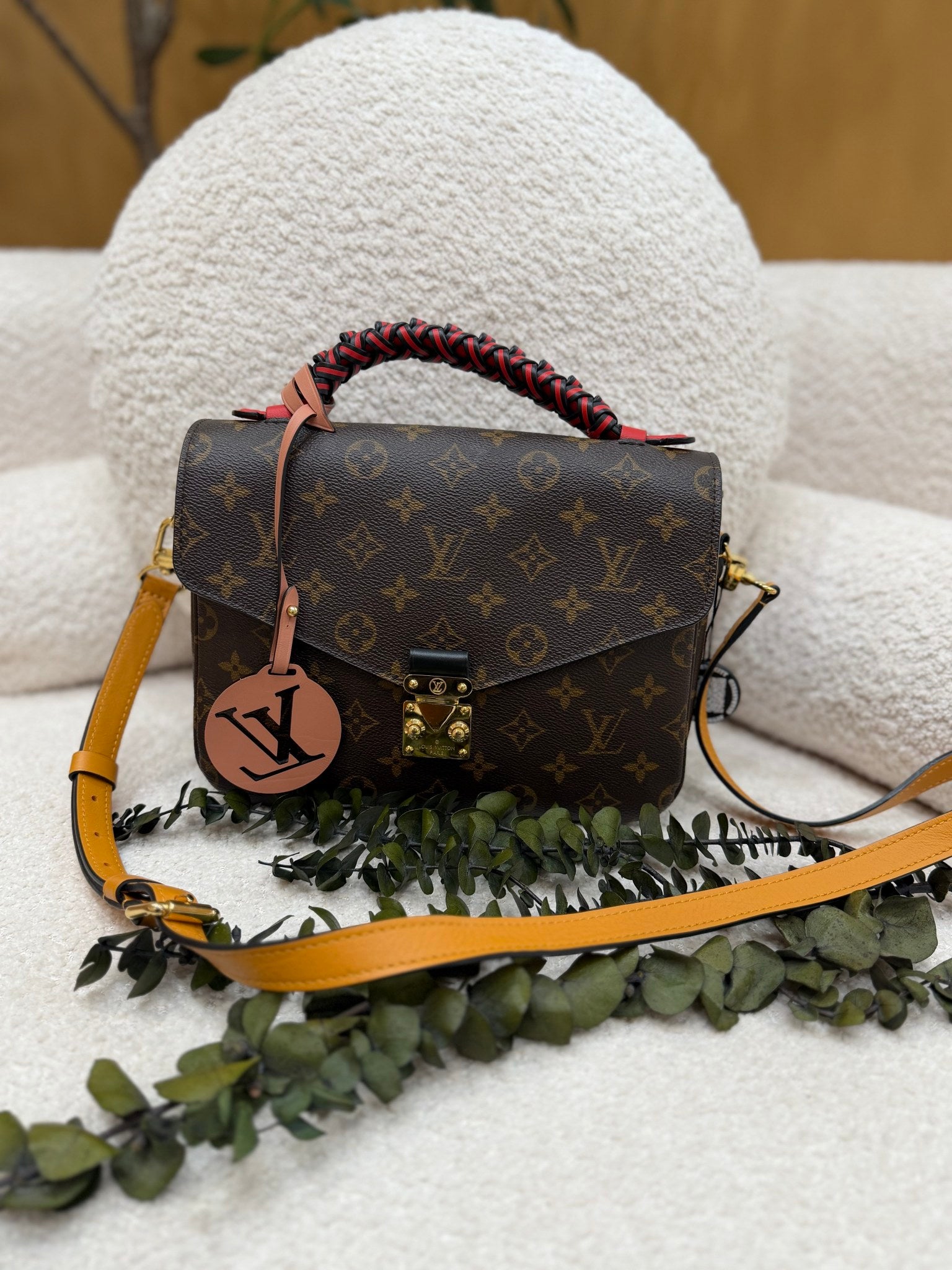 LIKE NEW- Louis Vuitton Monogram Braided Coquelicot Handle Pochette Metis Bag