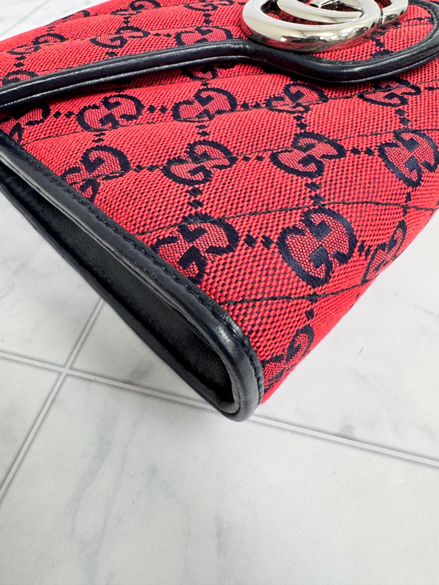 Gucci Red Marmont Quilted Canvas Wallet On A Chain
