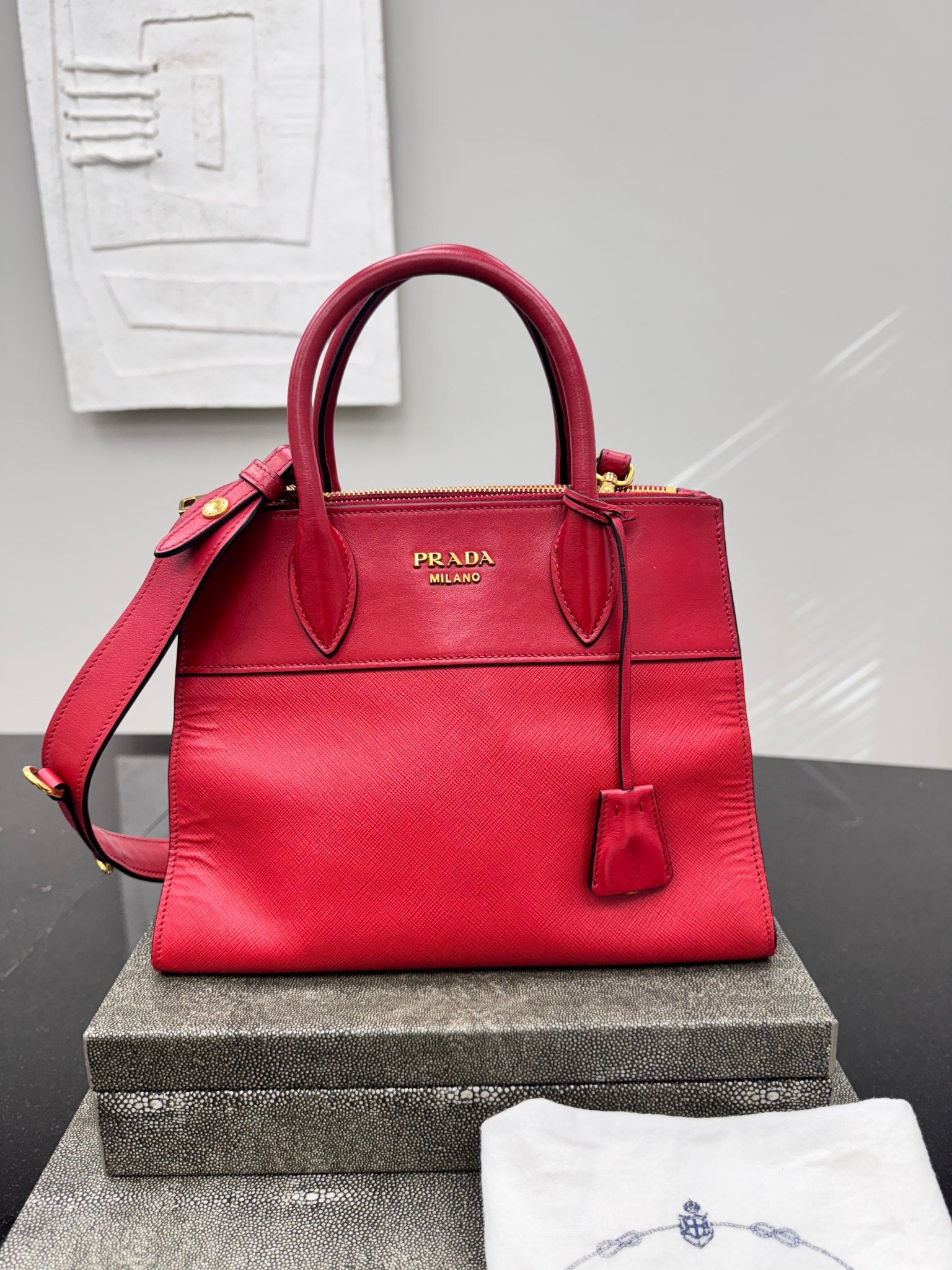 Prada Red Saffiano Leather 2Way Bag