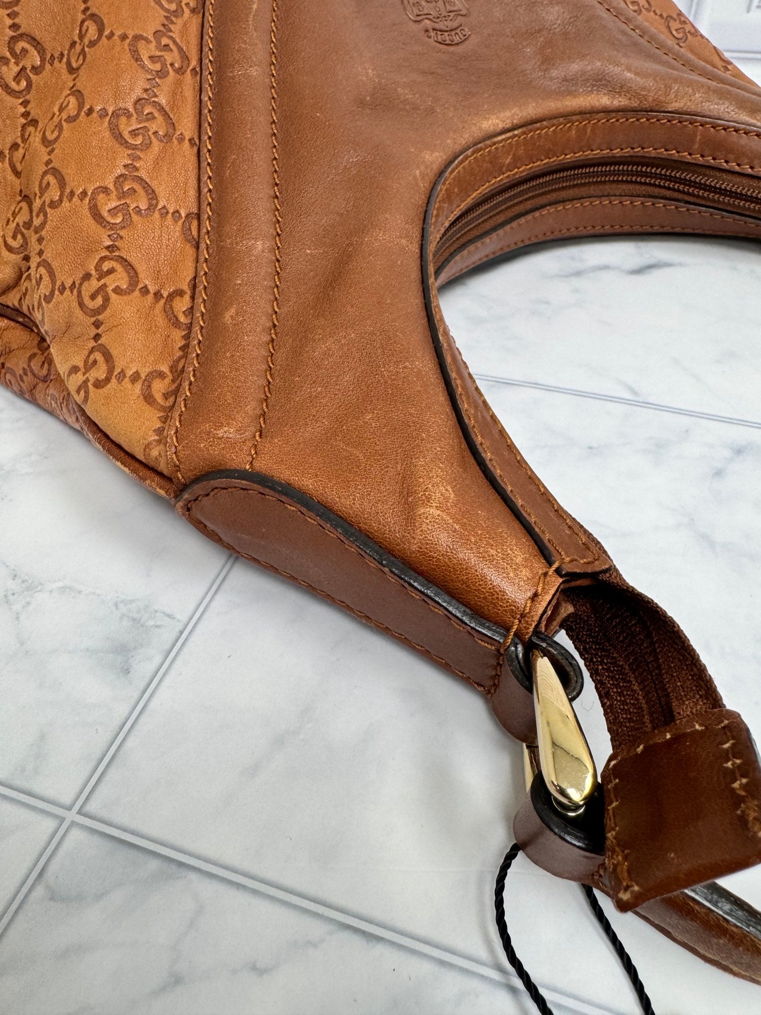 Gucci Brown Leather Embossed Guccissima Hysteria Crest Hobo Shoulder Bag