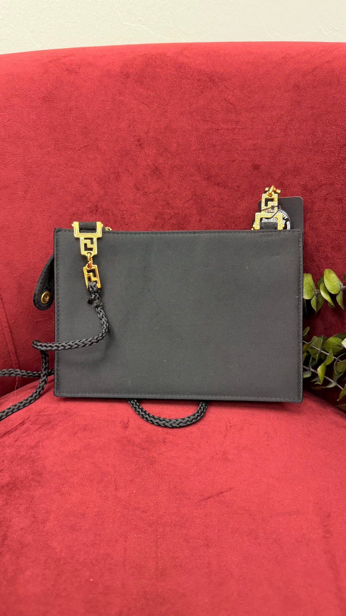 Versace Gianni Vintage 1992 Black Satin Gold Rhinestone Medusa Bag