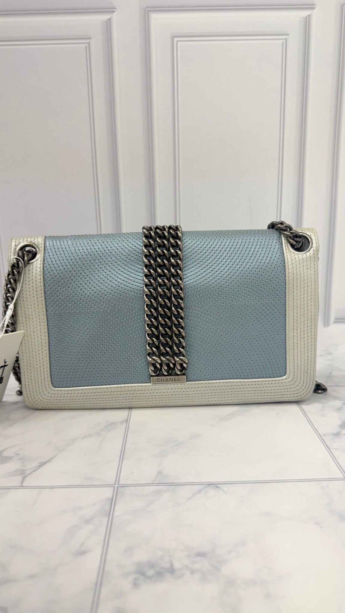 Chanel Blue And White Quilted Leather Rock Boy Flap Bag
