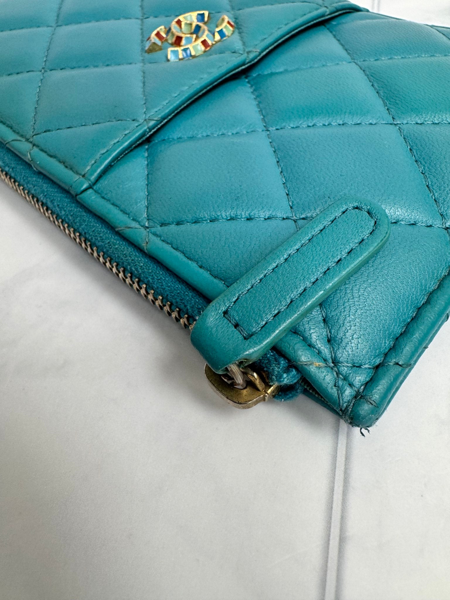 Chanel Teal Quilted Leather Phone Holder