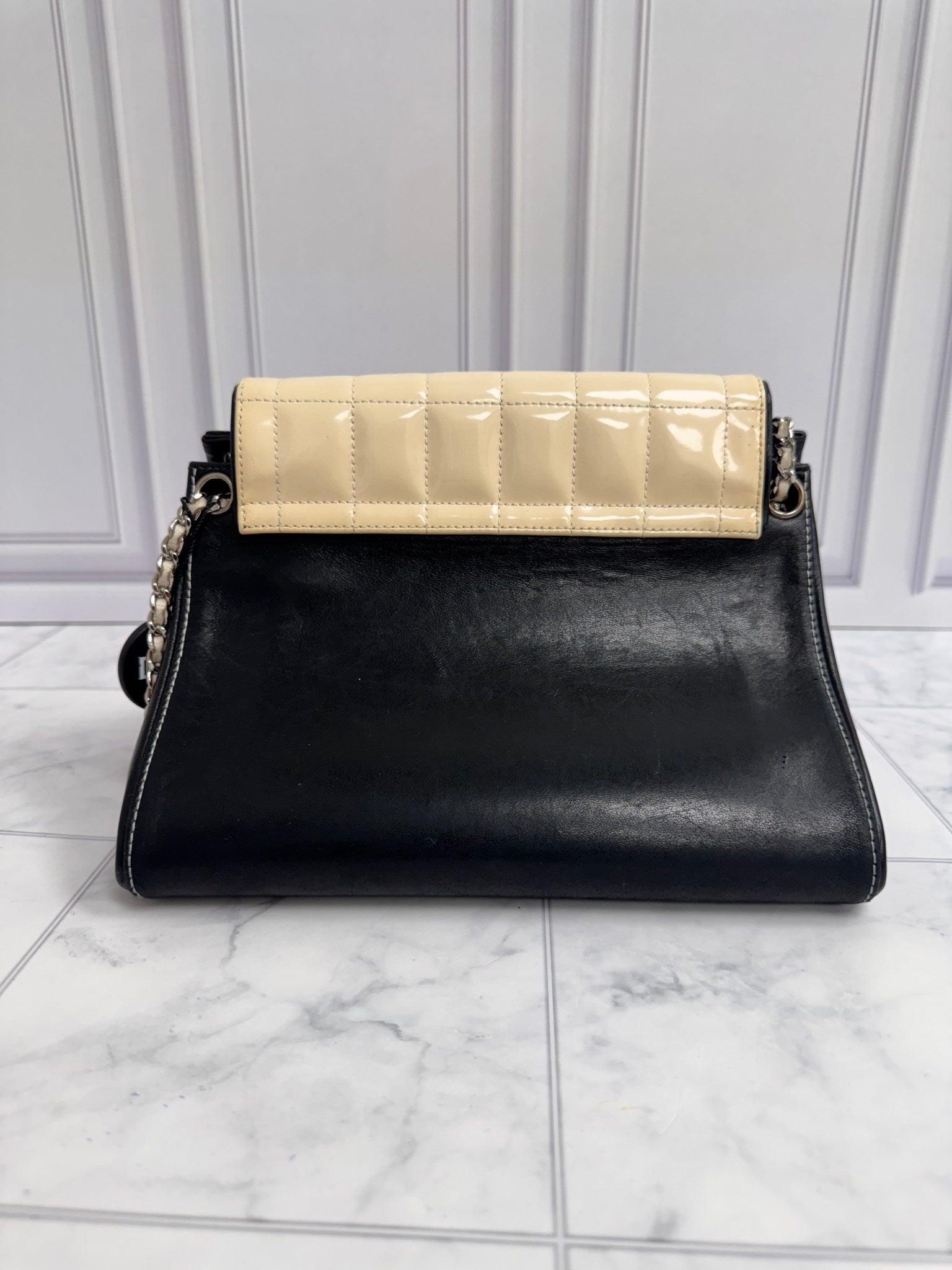 Chanel Beige And Black Quilted patent Leather Chocolate Bar Chain Flap Bag