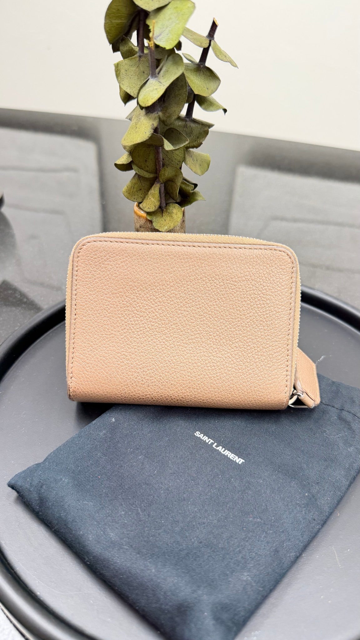 Saint Laurent YSL Dark Taupe Grained Leather Compact Wallet