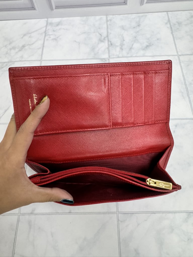 Salvatore Ferragamo Red Saffiano Leather Vara Bow Long Wallet