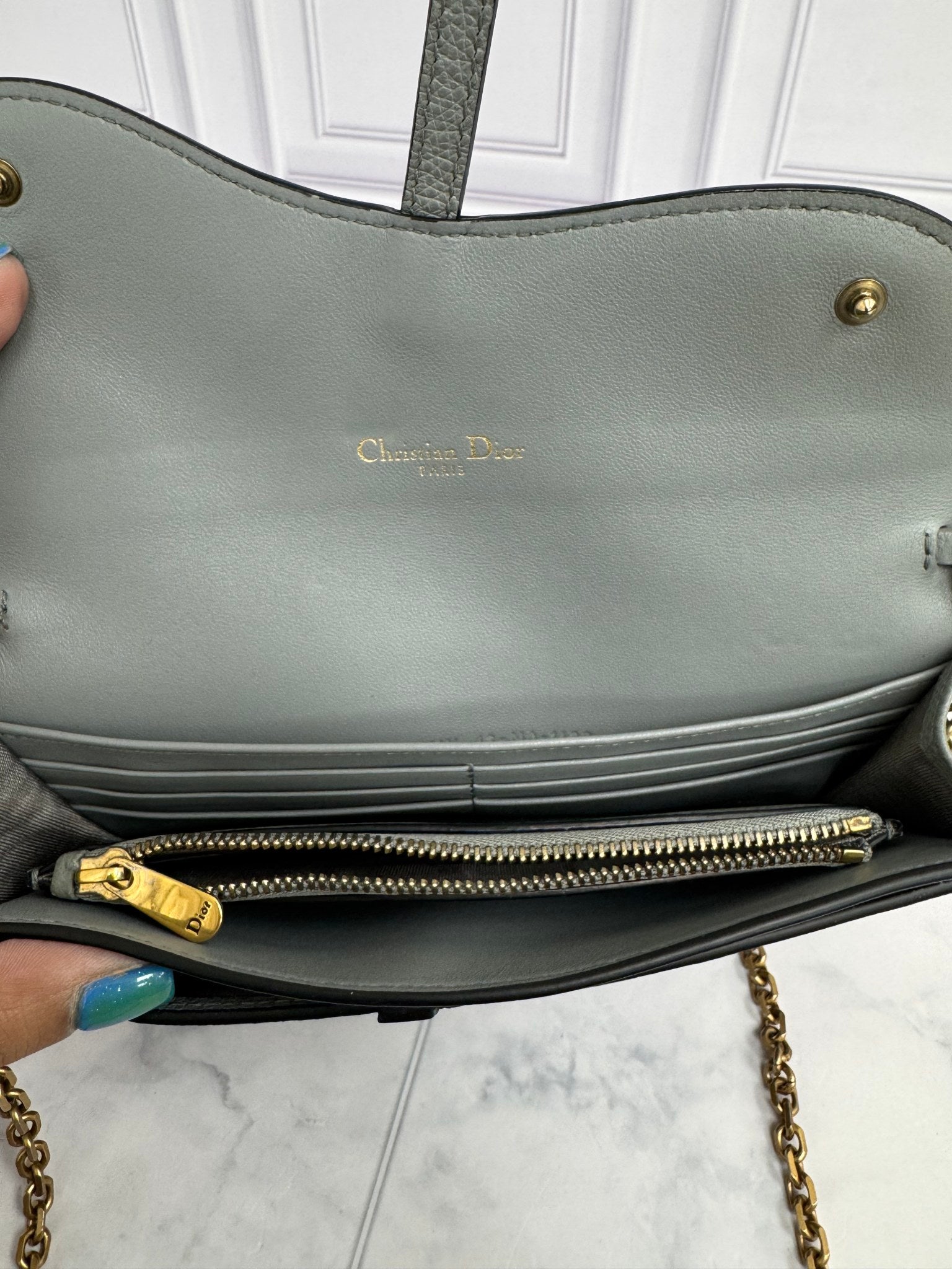 Christian Dior Grey Grained Leather Saddle Wallet On A Chain