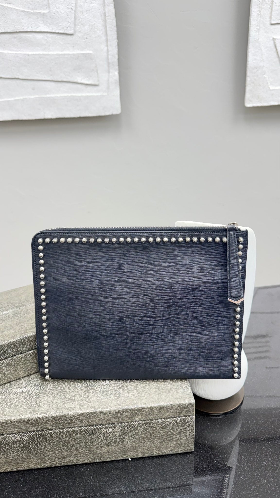 Fendi Black Leather Karlito Studded Flat Clutch Bag