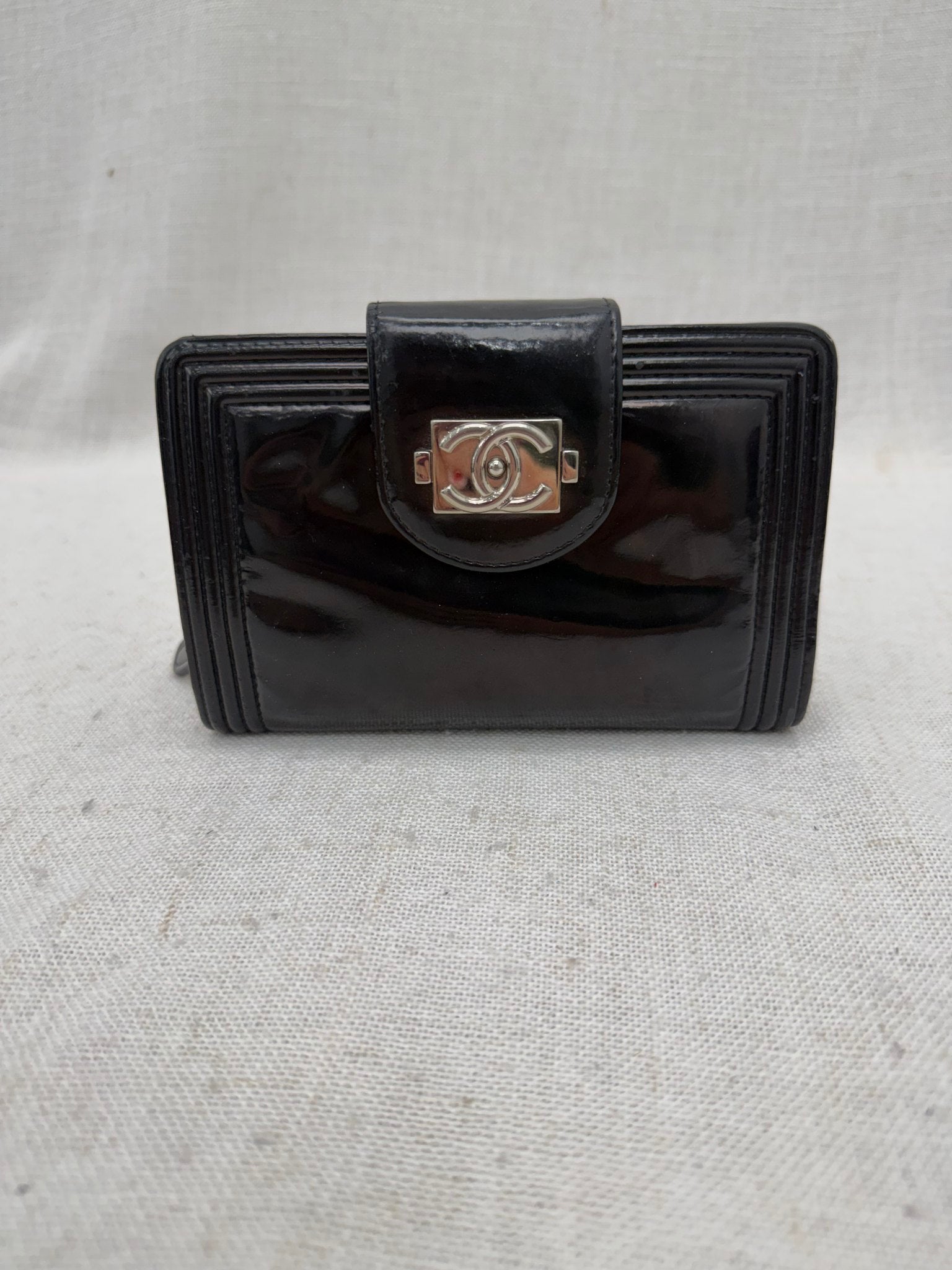 Chanel Black Patent Leather Boy Compact Wallet