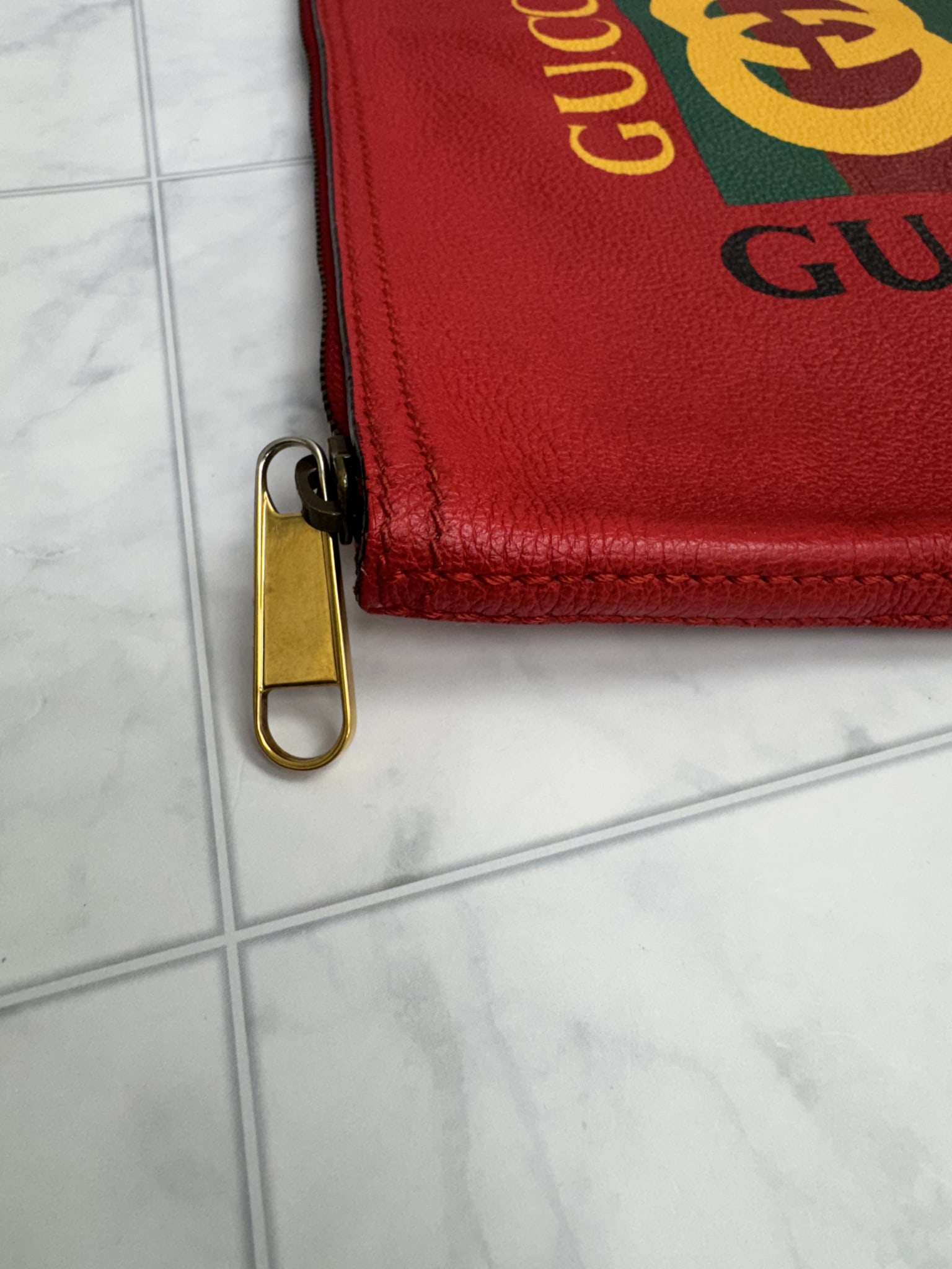 Gucci Red Logo Print Grained Leather Pouch