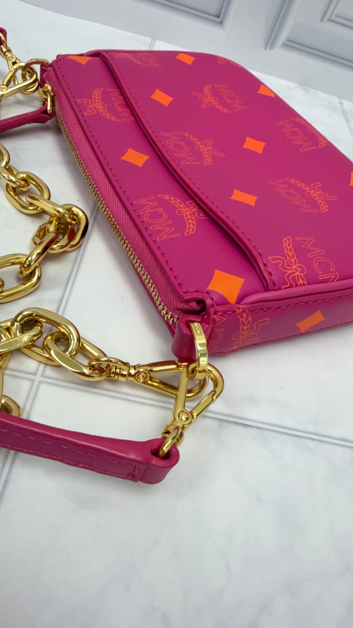 LIKE NEW- MCM Pink & Orange Visetos Calfskin Mini Color Splash Crossbody