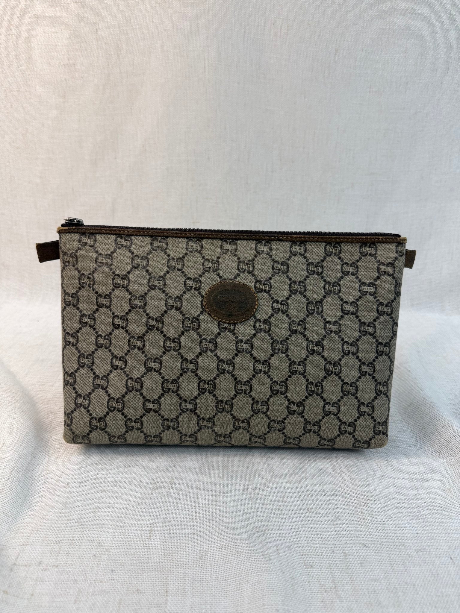 Gucci Brown Coated Canvas GG Plus Print Pouch