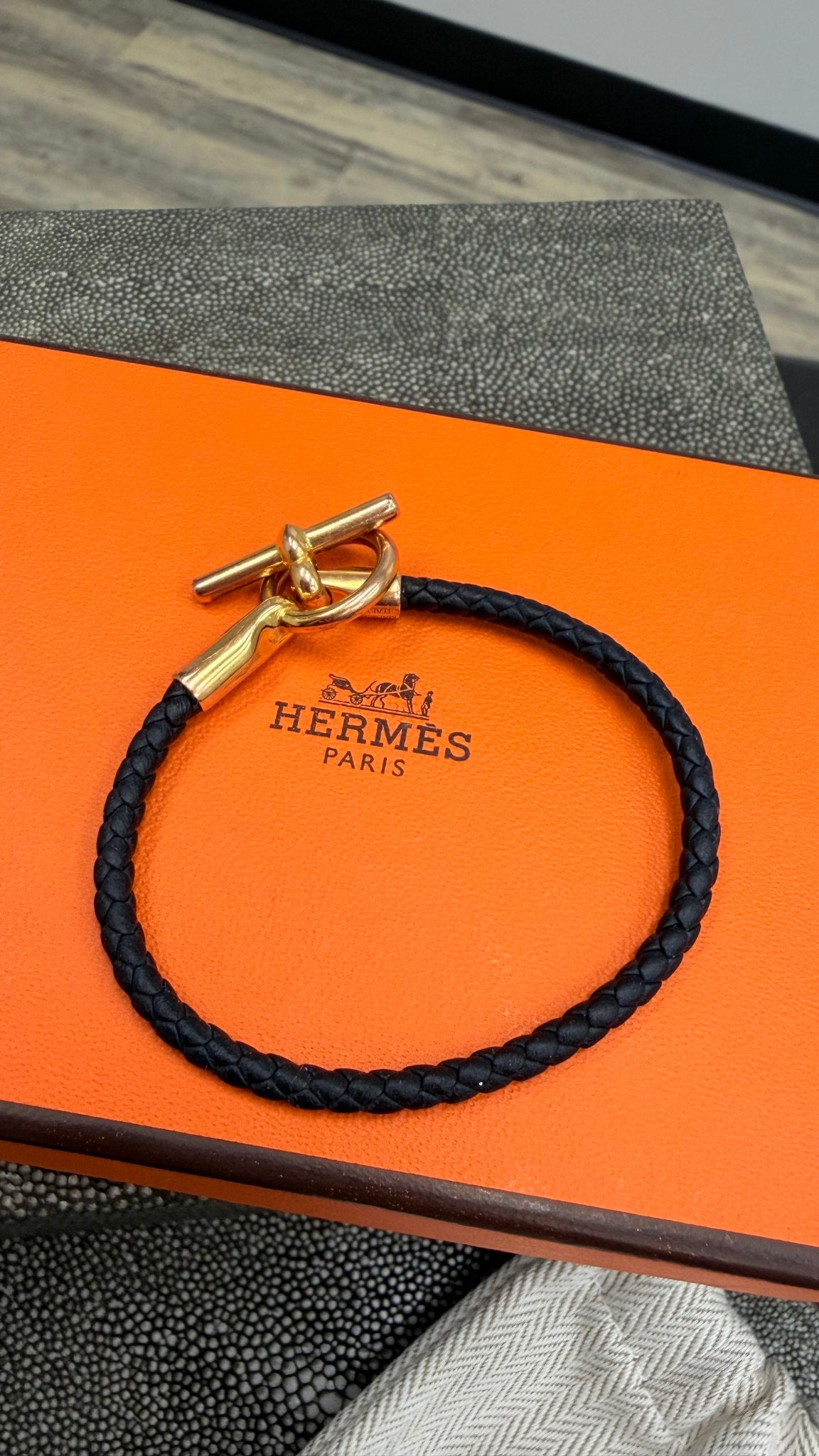 Hermes Black Braided Leather Gold Tone Glenan Bracelet