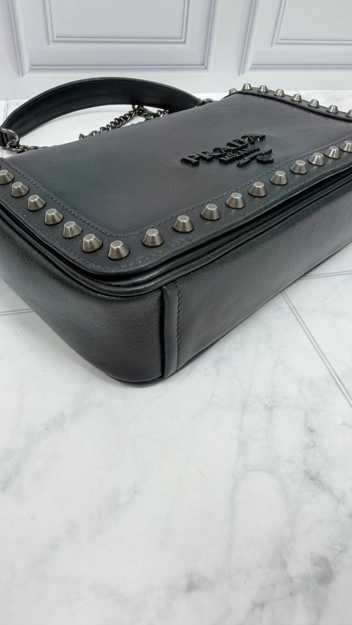 Prada Black Leather Studded Crossbody