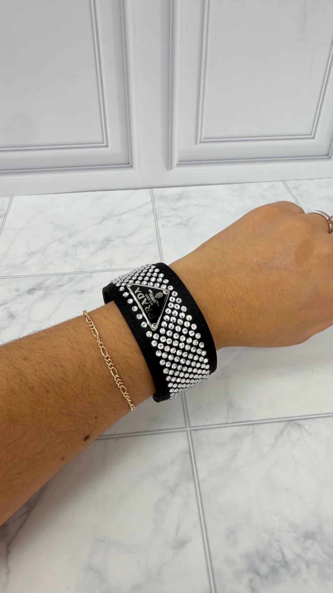 LIKE NEW - Prada Black Satin Leather Crystal Cuff