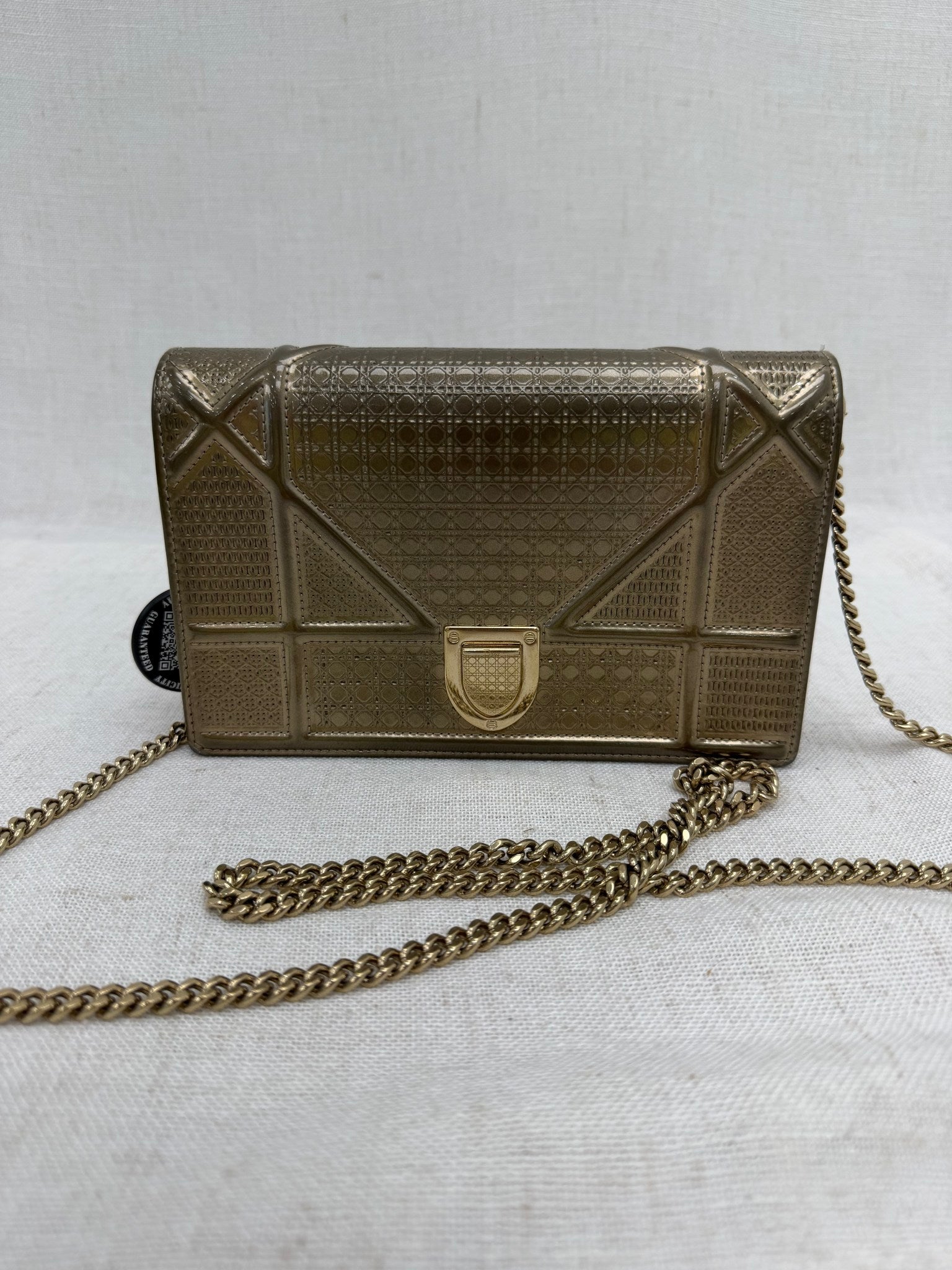 Christian Dior Bronze Patent Leather Microcannage Diorama Wallet on a Chain