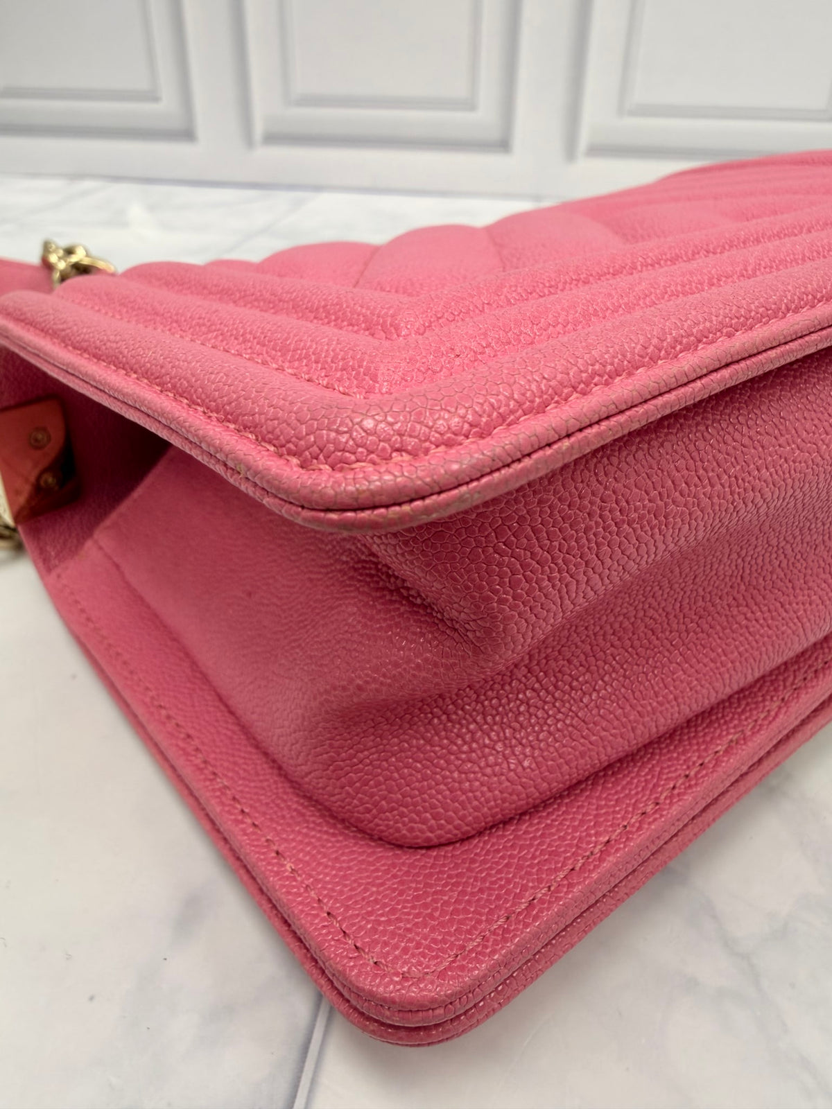 Chanel Pink Chevron Quilted Caviar Leather Boy Flap Bag