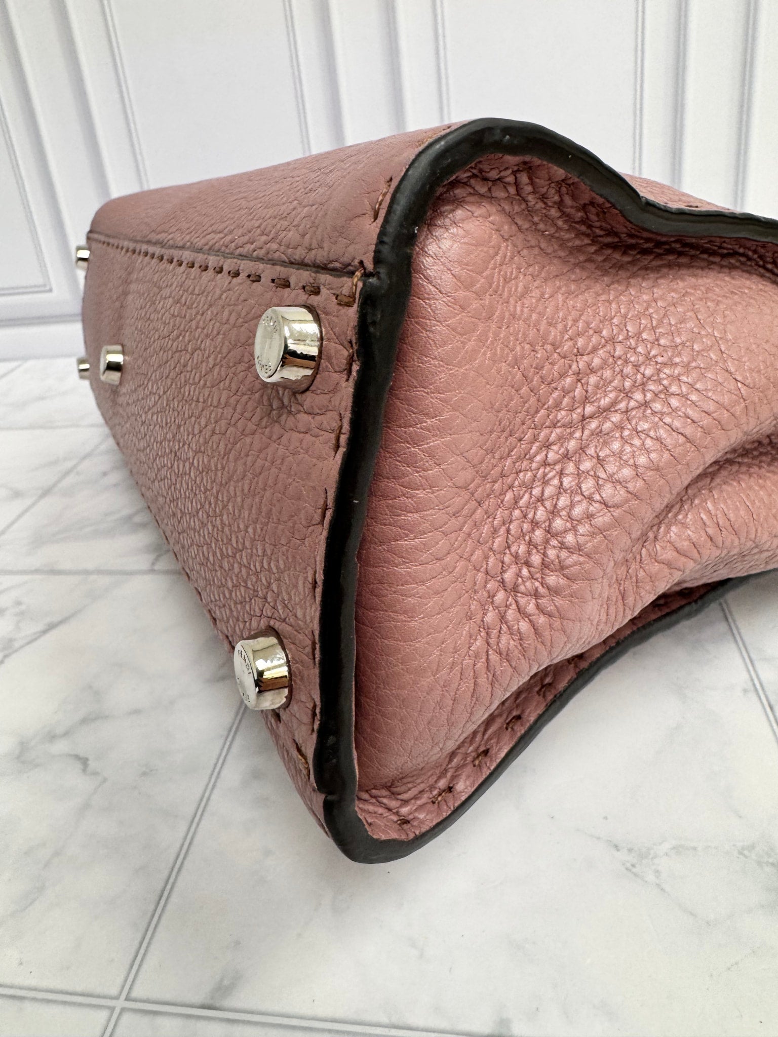 Fendi Dusty Rose Grained Leather Peekaboo Medium 2Way Bag With Flower Strap